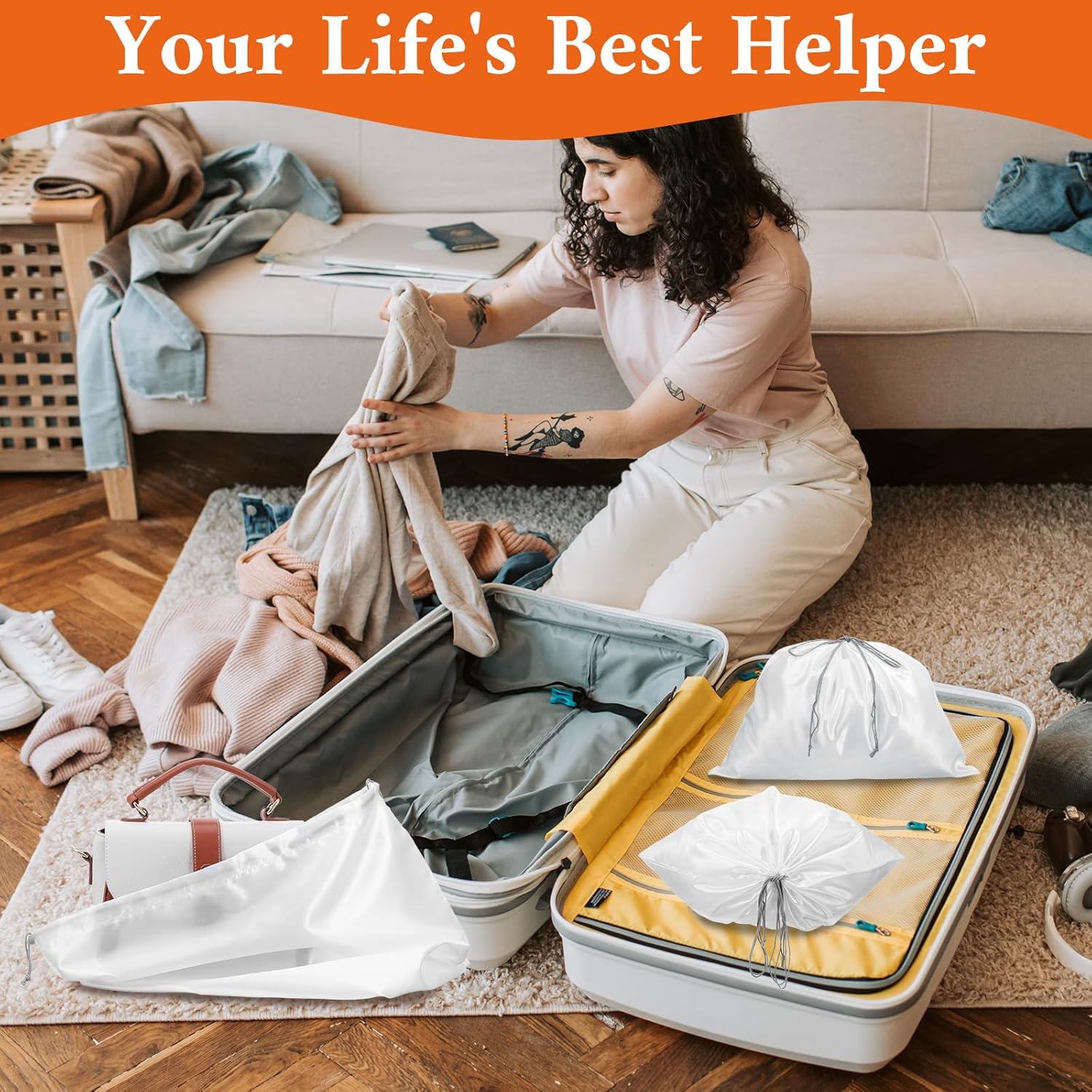 10 Pcs Dust Bags for Purses and Handbags, Silky Satin Dust Cover Dustproof Drawstring Bag White Travel Storage Pouch for Handbag Purse Shoes Boots 19.6 × 15.7 Inch - Image 7