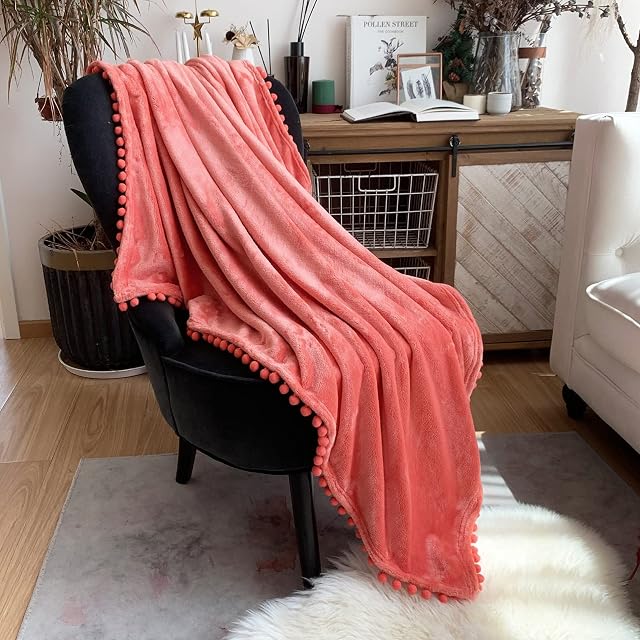 LOMAO Pom Pom Throw Blanket , Soft Fleece Pompom Fringe Blanket for Couch Bed Sofa | Decorative Cozy Plush Warm Flannel Velvet Tassel Flannel Blanket (Coral, 130*160)