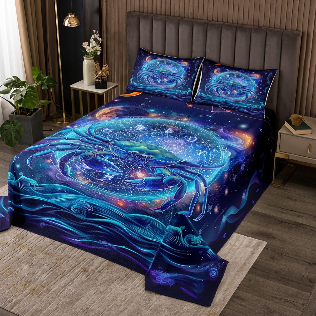 Cancer Bedspread Twin Size Bedding for Kids Teens Bedroom 12 Constellations Decor Coverlet Set Galaxy Nebula Star Astrology Quilt Set for All Season,2 Pcs with 1 Pillowcase