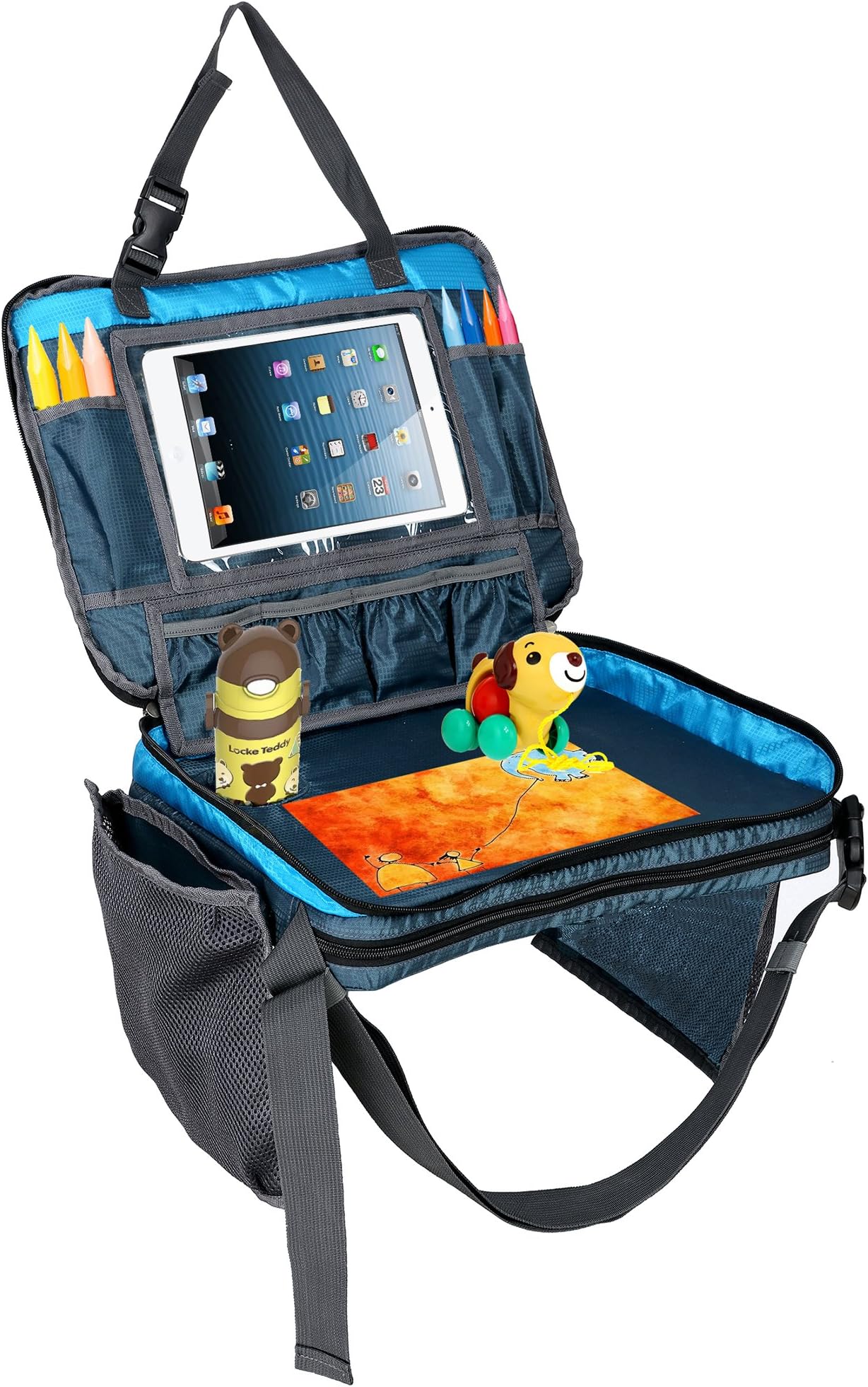 Towber Kids Ttravel Tray Toddler and School Children Lap Top Snack Drawing Desk Backseat Car Organizer Storage Bag with Large Mesh Side Pockets and Water Bottle Holder (Blue)