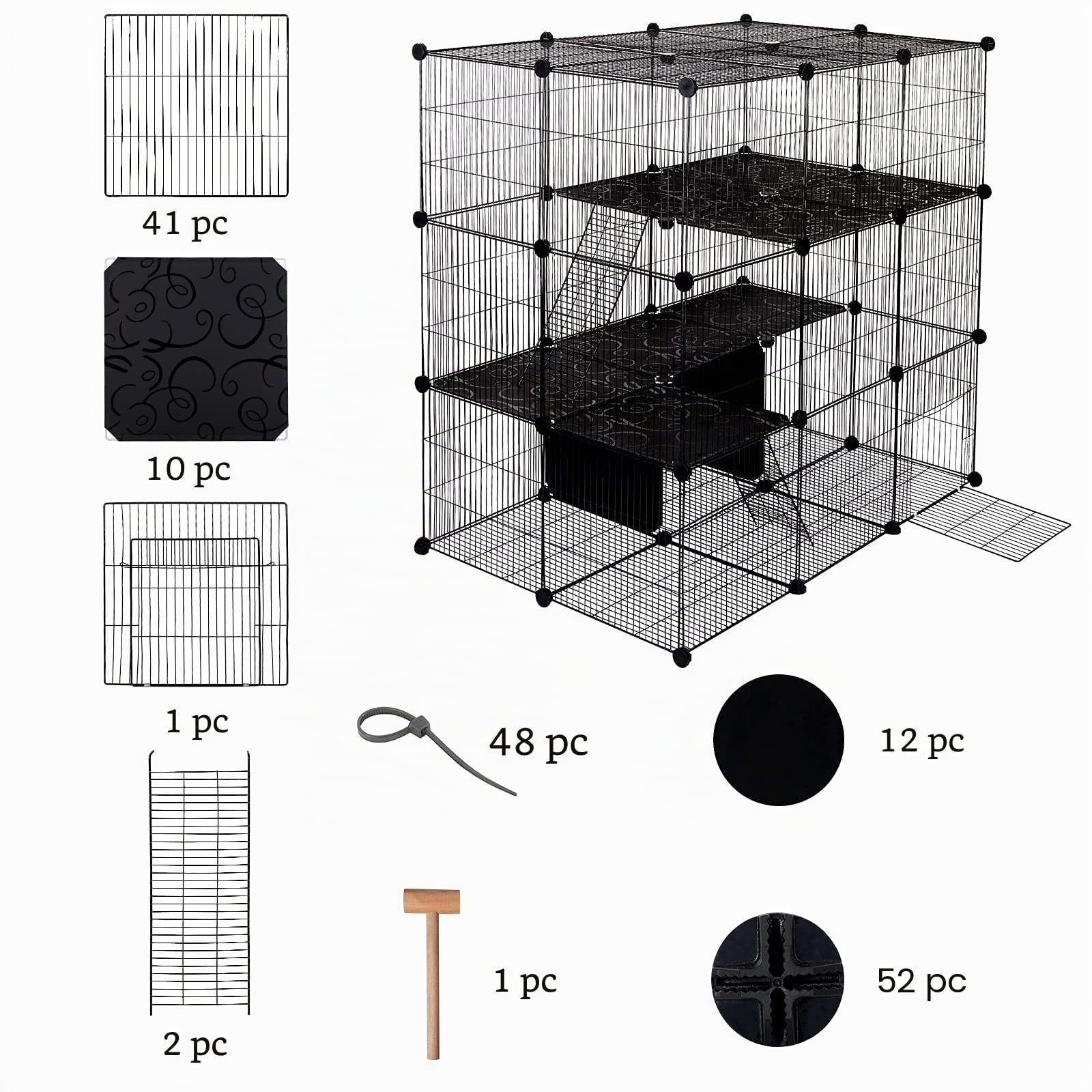 Parque para Mascotas, Recinto Conejos Valla para Animales Pequeños Cobaya Hámster Gatito Cachorros de Malla Metálica Ajustable con Puerta&Escalera Negro 109 x 74 x 109 cm