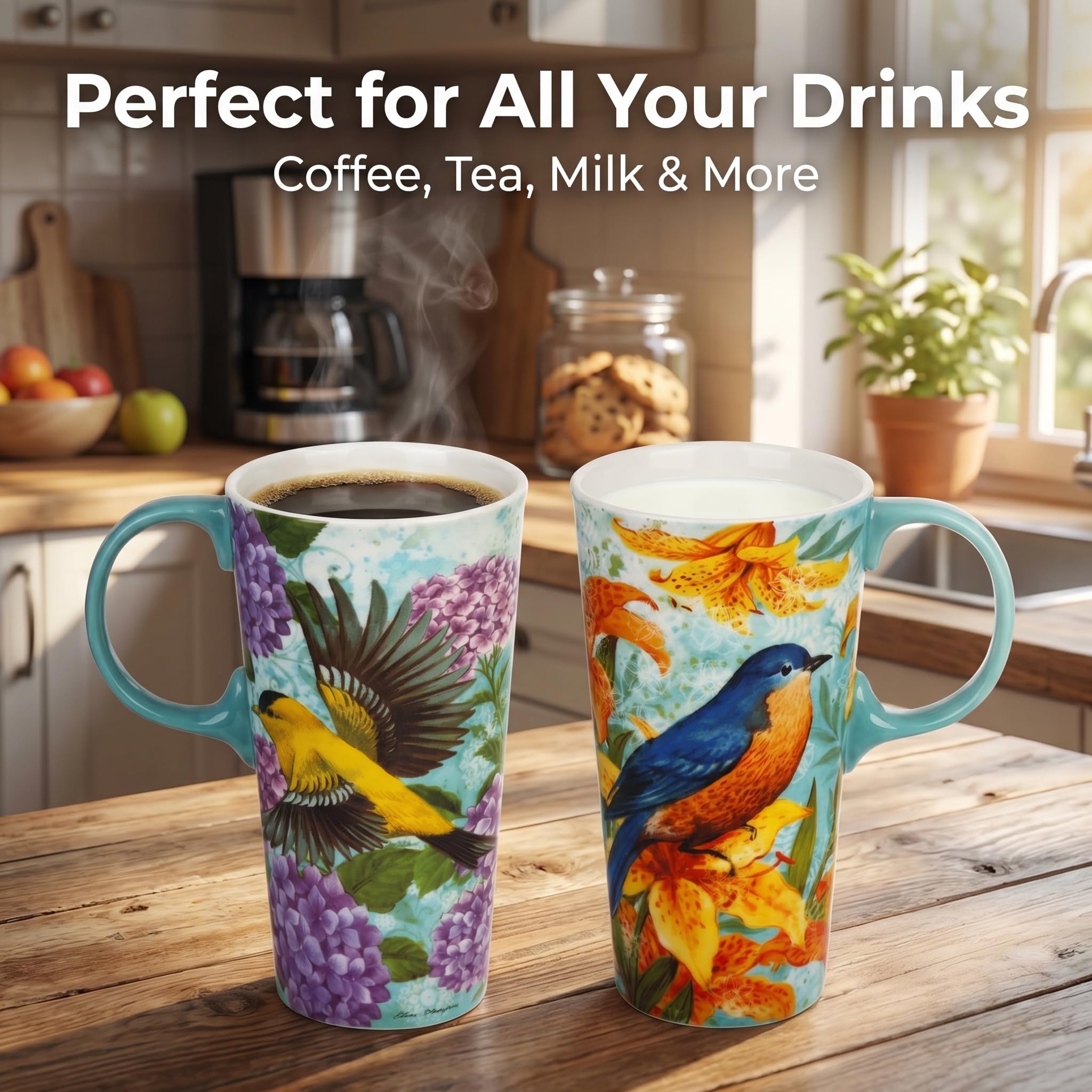 Taza de café de cerámica, juego de tazas de viaje de café con asa y tapa, taza de viaje para porcelana, 17 onzas, taza de té alta para el hogar y la oficina, taza con patrón artístico de colibrí