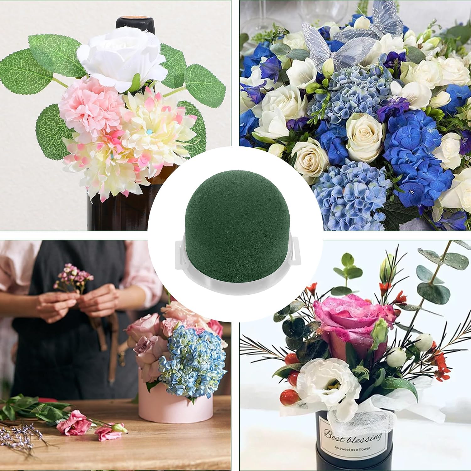 24 Pcs Mini Floral Foam Round Holder Oasis Dry Floral Florist Foam Half Ball with 1 Roll 35M Green Wire Blocks Flower Arrangements Supplies Florist Form Blocks for Wedding Party Decorations, Wine Bo