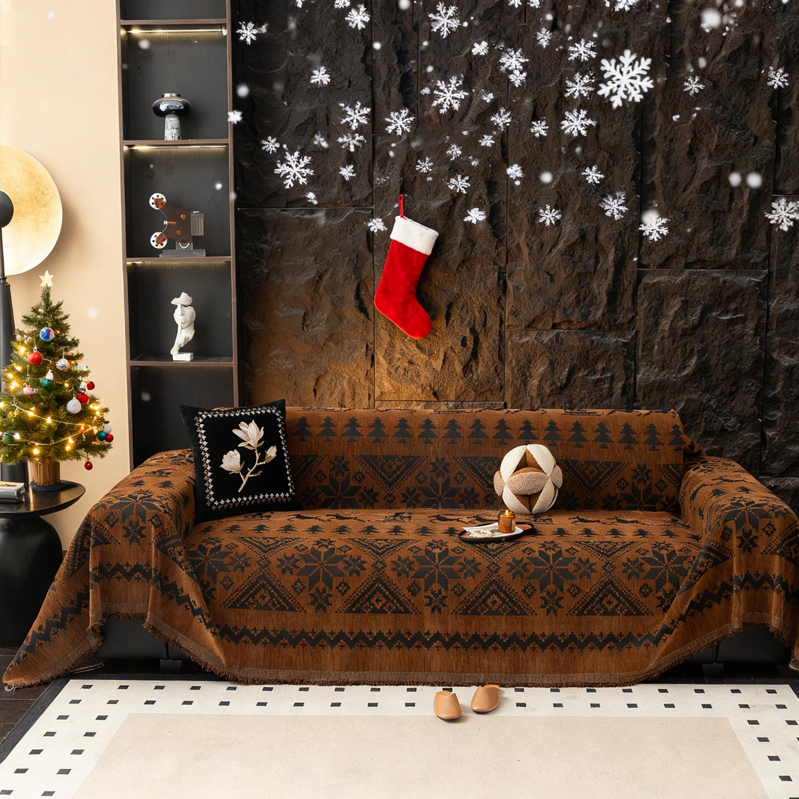 VClife Boho Couch Cover for Christmas 1 Piece Soft Warm Couch Cover for Sectional Sofa, Washable Pumpkin and Black Jacquard 3-Seaters Sofa Covers for