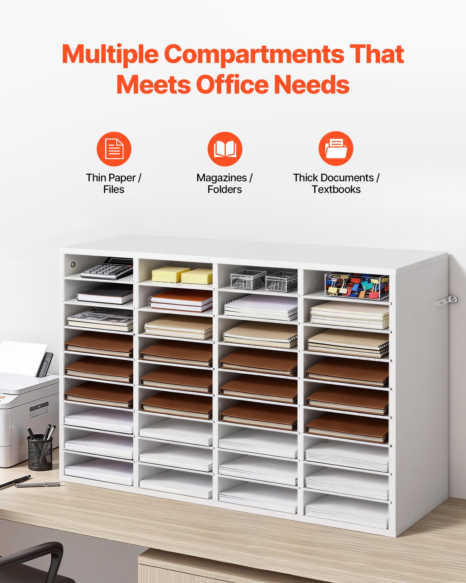 VEVOR Estante de Almacenamiento de Documentos 36 Compartimentos, Organizador de Archivos de Madera 95,7 x 30 x 60 cm, Clasificador de Literatura con Estantes Desmontables para Oficina, Aulas, Blanco