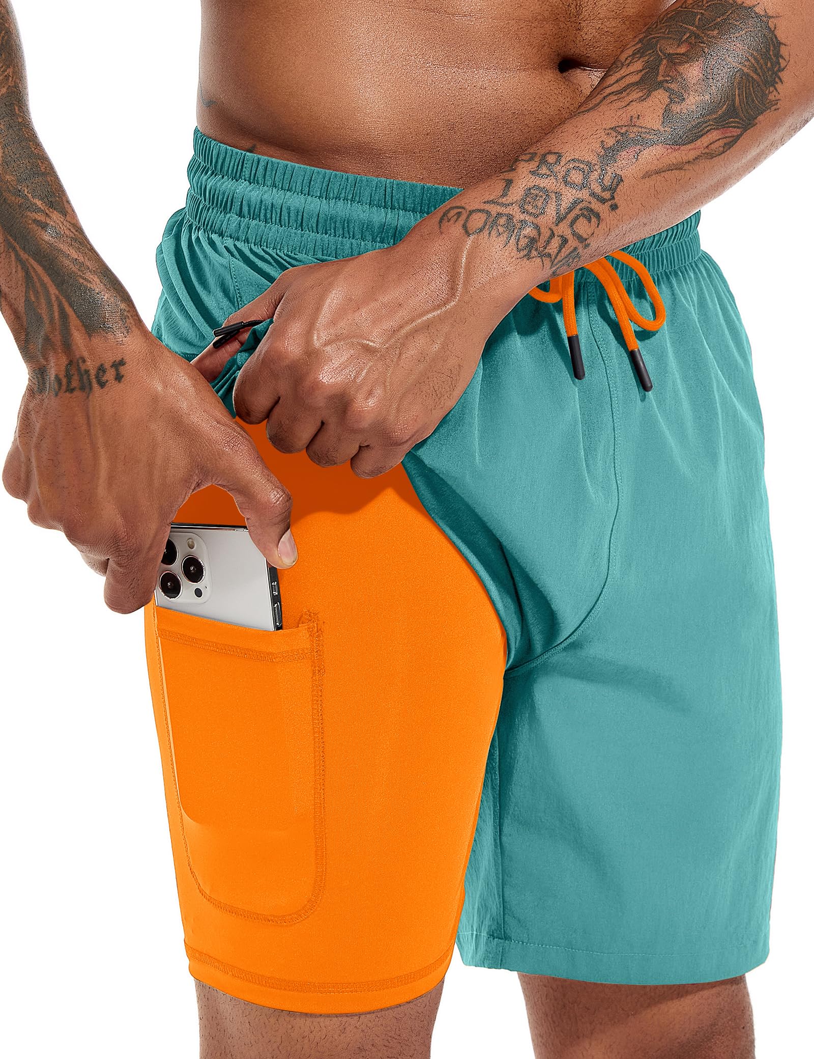 Atforna Badehose Herren Lang 2 in 1 Badeshorts mit Kompression Schnelltrocknend Atmungsaktiv Swim Shorts mit Reißverschlusstasche Verstellbar Tunnelzug