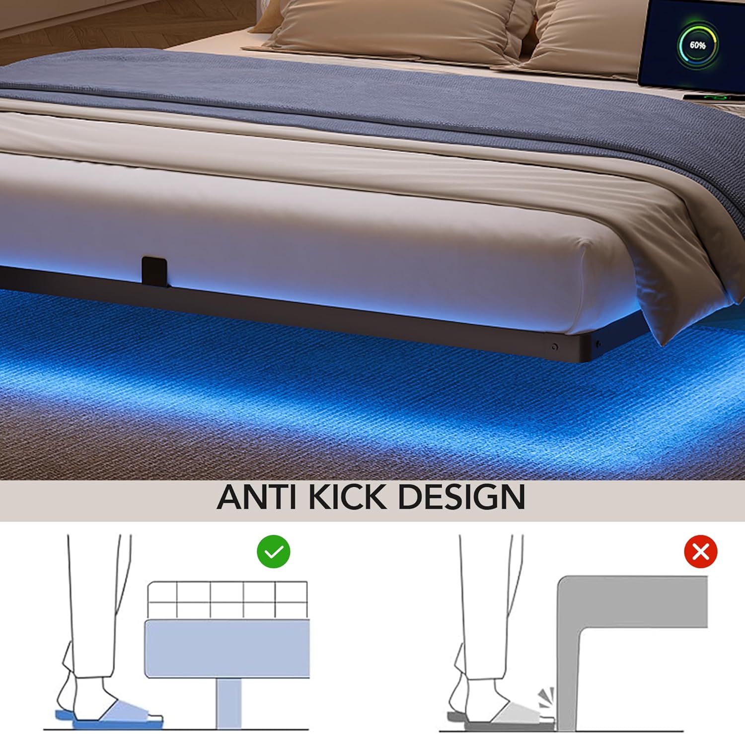 King Size Floating Bed Frame with LED Lights and Charging Station, Modern Minimalist Design, No Spring Mattress Required, Easy to Assemble