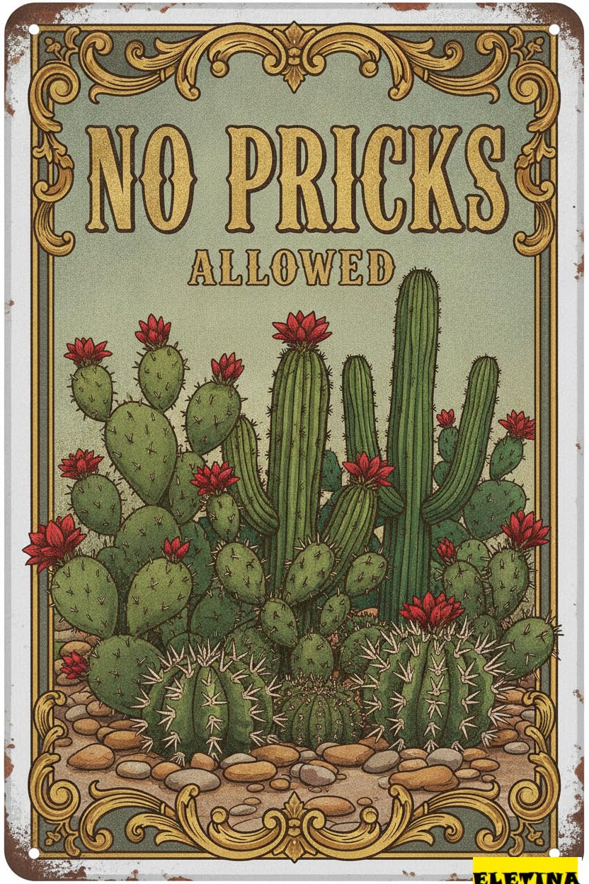 Personalized Sign for Man Cave Cactus Deocr Garden S No Pricks Allowed Southwestern Metal Tin Cactus Wall Art Decor Outdoor Garden Yard Greenhouse 8x12in Private Property Decorative