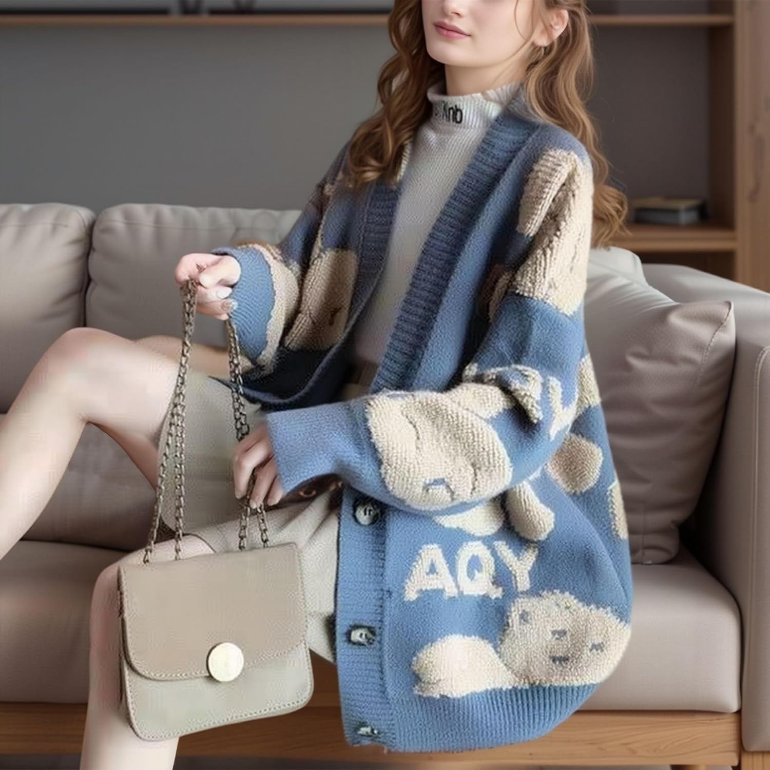 Chevara Women’s Cute Bear Knitted Cardigan Long Sleeve Button Up Fuzzy Bear Cardigans Sweaters - Image 2