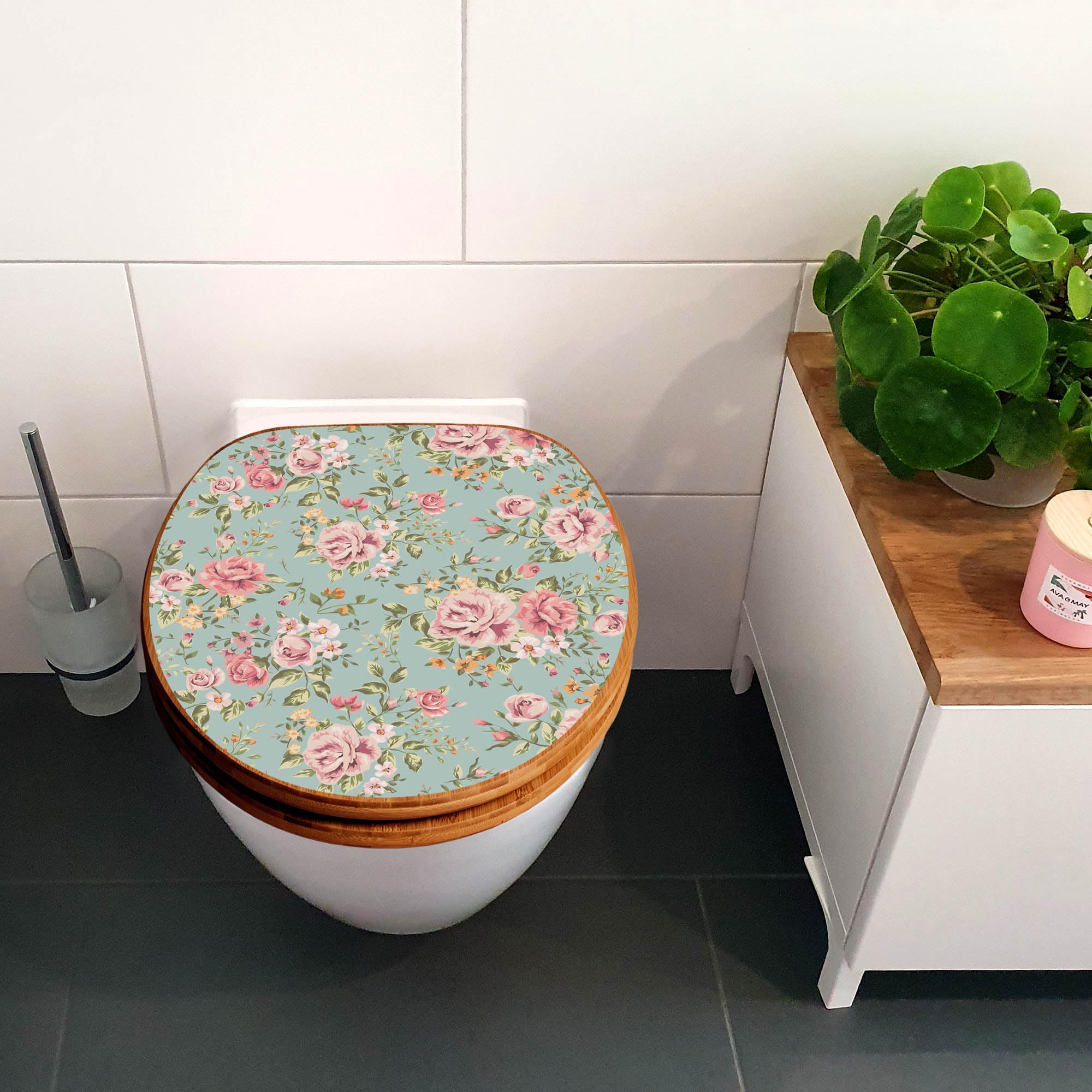 banjado Design WC Sitz Bambus Absenkautomatik 45,8x37,5cm - Toilettendeckel mit Absenkautomatik Holz - hochwertiger Bambus Klodeckel - WC-Sitz für gängigen Toiletten - Motiv Altrosa Blume