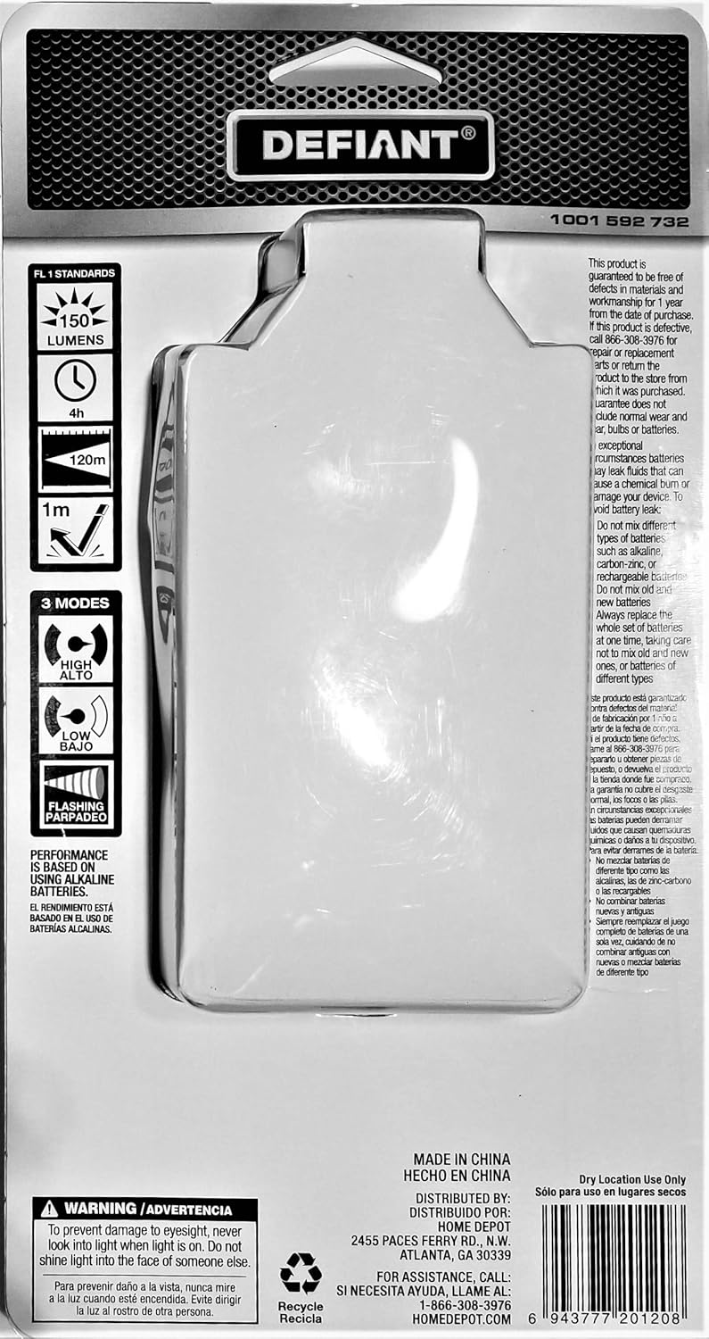 Back packaging of Defiant 150 Lumen LED Headlight with warranty and contact info