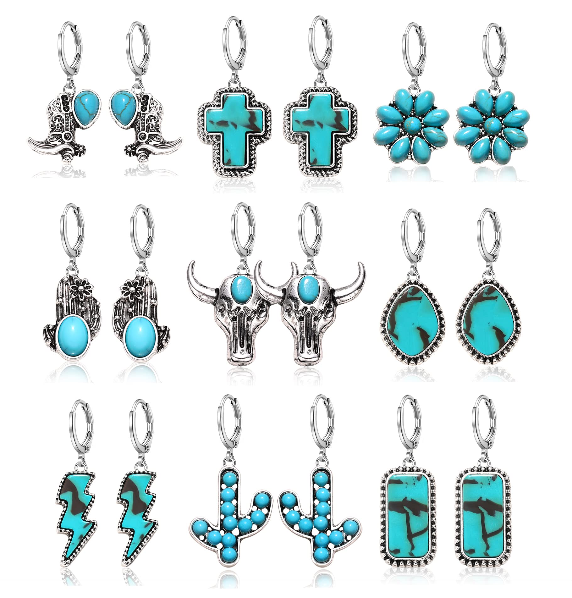 BVGA 9 Pairs Western Turquoise Stud Earrings Vintage Silver Turquoise Cowgirl Boots Lightning Cross Flower Stud Earrings Boho Gemstone Small Geometric