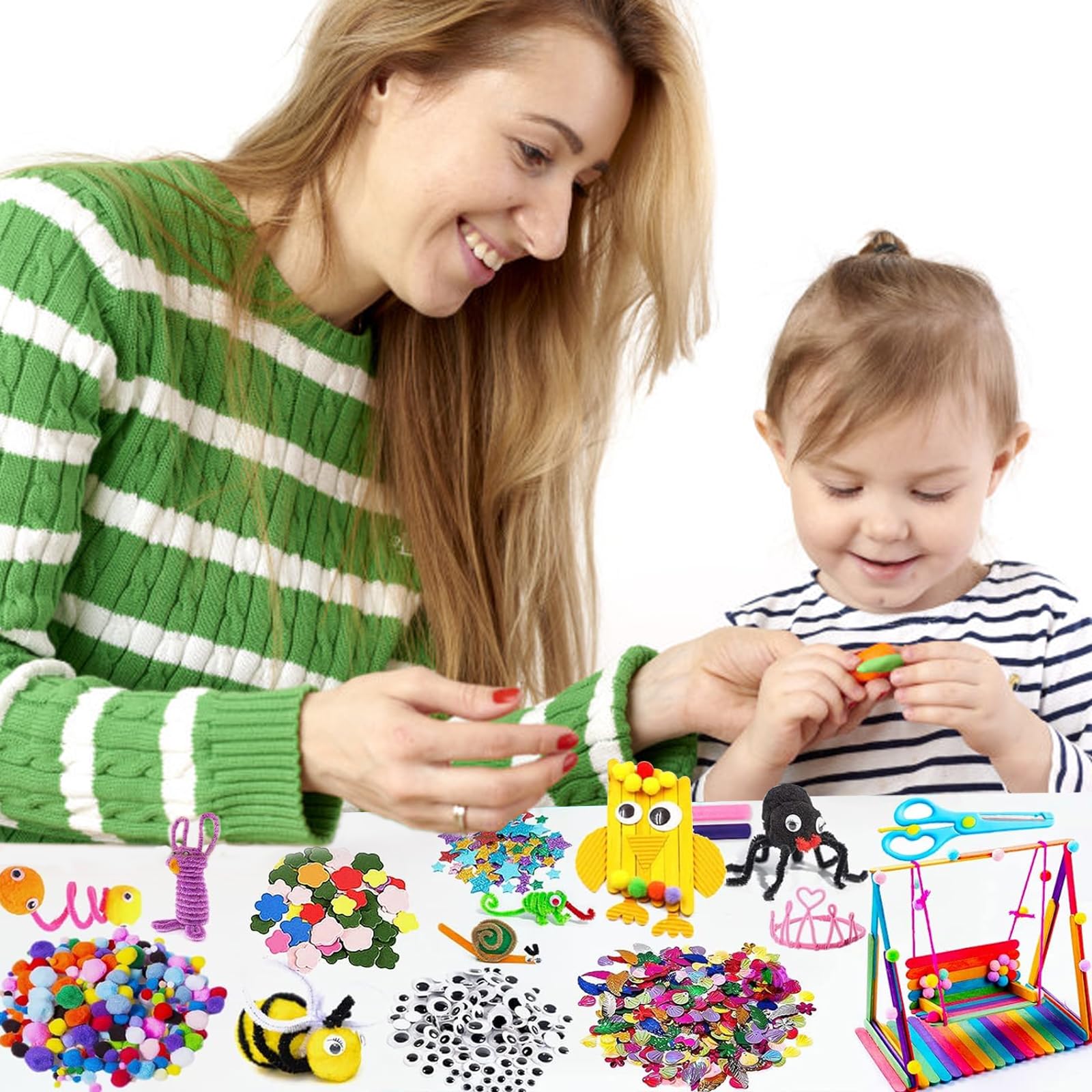 NINGESHOP Kit Bricolage Enfant, 2200+Pièces Enfant Feutrine Loisirs Creatif DIY Activites Manuelles,Pipe Cleaners Crafts Set, Fournitures Éducatives, Loisirs Créatifs, Plumes,Yeux écarquillés