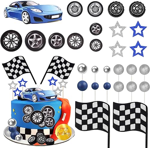 Vista 8 de 1 paquete de dos decoraciones rápidas para tartas de auto de carreras de 2º cumpleaños, bandera a cuadros, decoración temática de niños o niñas de 2