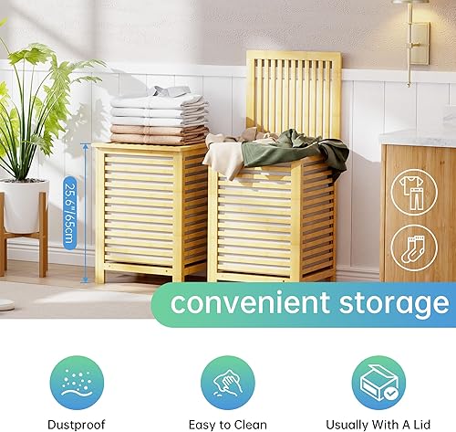 Miniatura 7 de SMIBUY Cesta doble para ropa sucia con tapa, cesta de bambú de 120 litros con bolsa extraíble con forro extraíble, separador de ropa de 2 secciones