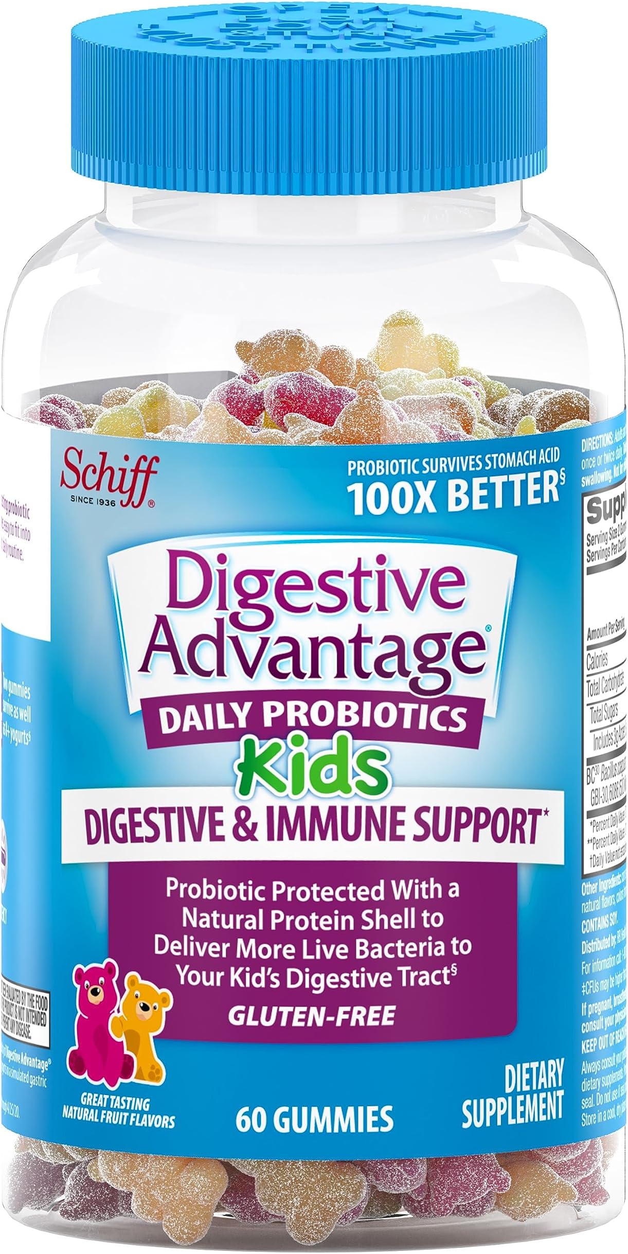 Digestive Advantage Kids Natural Fruit Flavors Probiotic Gummies for Kids Occassional Bloating, Minor Abdominal Discomfort & Gut Health, 60 Count Gummies