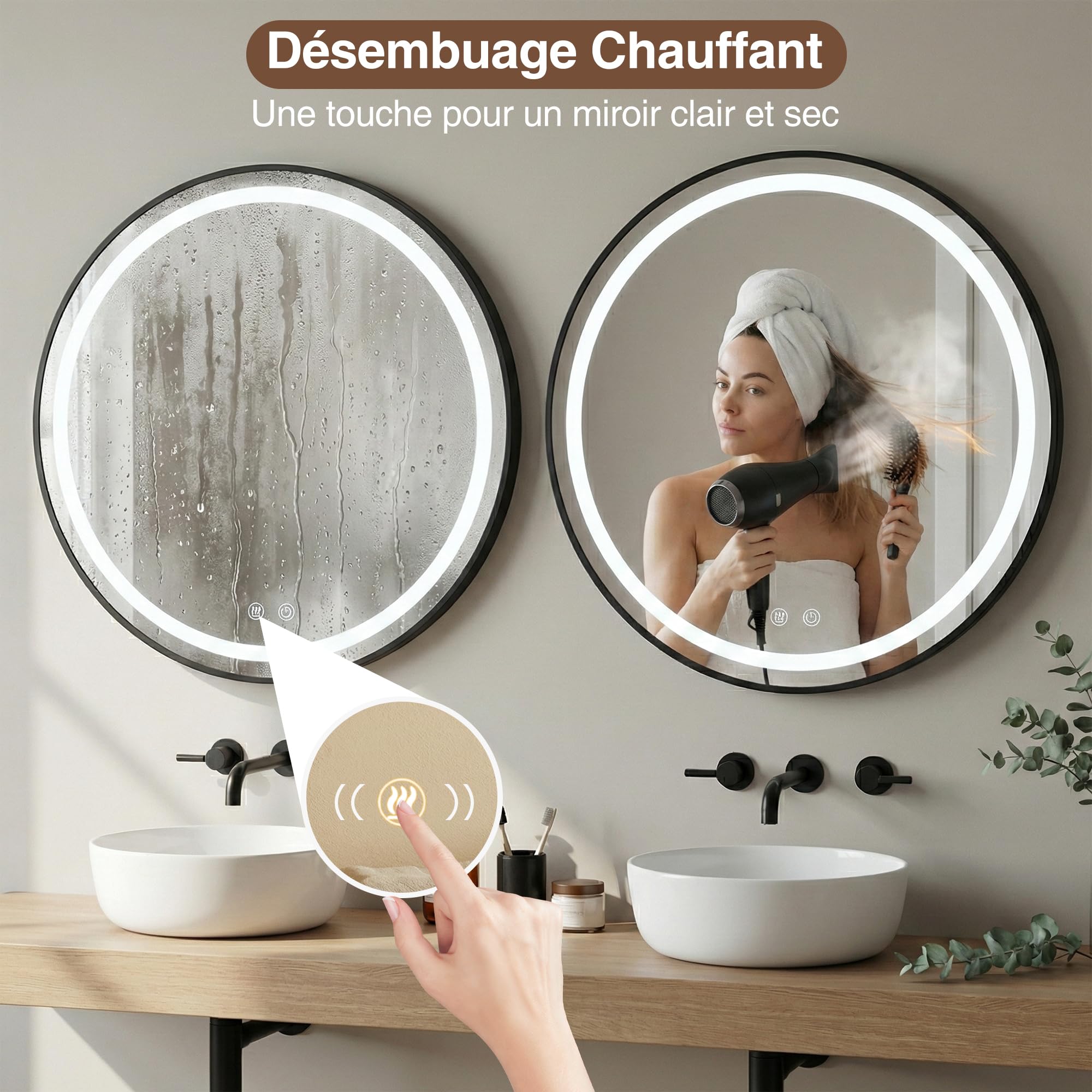 Armoire Miroir Salle de Bain avec Éclairage et Antibuée Murale Ronde Armoire de Toilette avec Miroir et Loupe grossissante 10x Noir 50x50 Meuble Salle de Bain avec Prise (Aucun Assemblage requis)