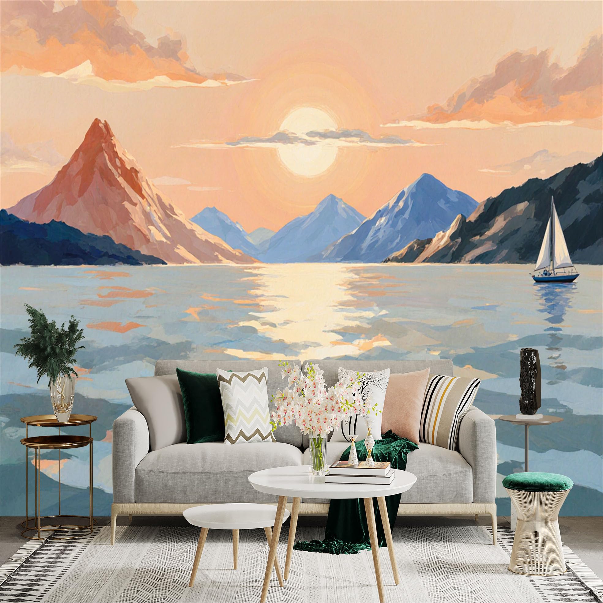 Custom Size Wall Sticker Mural， Sunset Over Lake with Sailboat and Mountain Landscape， for wall Decoration， peelandstick wall Decals.