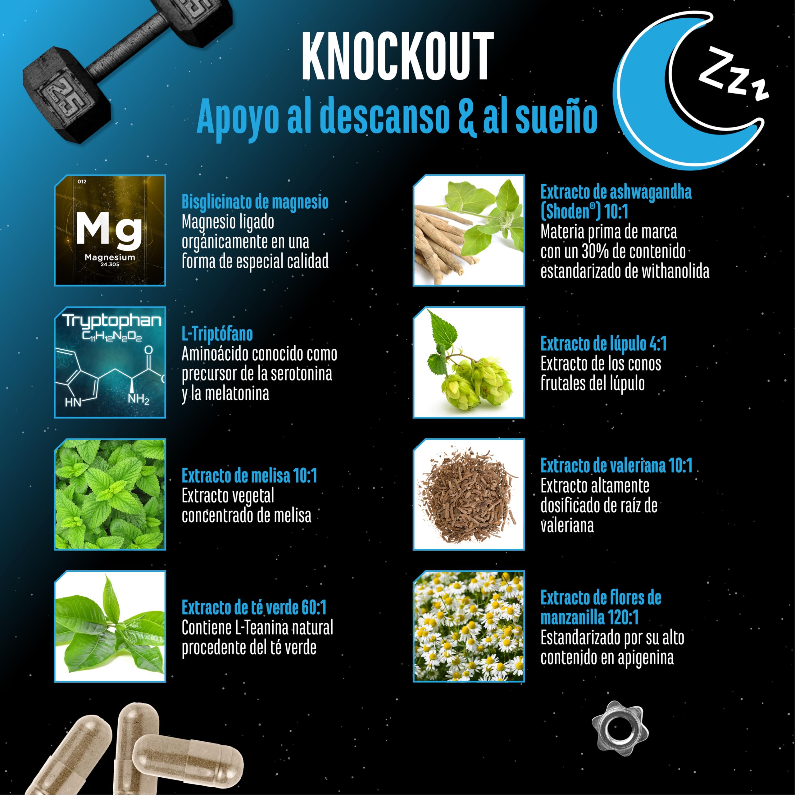 Knockout - Ayuda para el sueño y la recuperación - 120 cápsulas con extracto de Shoden® Ashwagandha, magnesio, L-triptófano, L-teanina natural del té verde, valeriana - Vegan