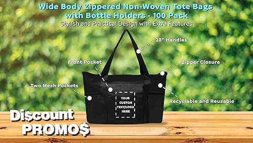 Miniatura 4 de DISCOUNT PROMOS Juego de 100 bolsas de mano no tejidas con cremallera, texto personalizable, logotipo, bolsillo de malla, con cremallera, Negro