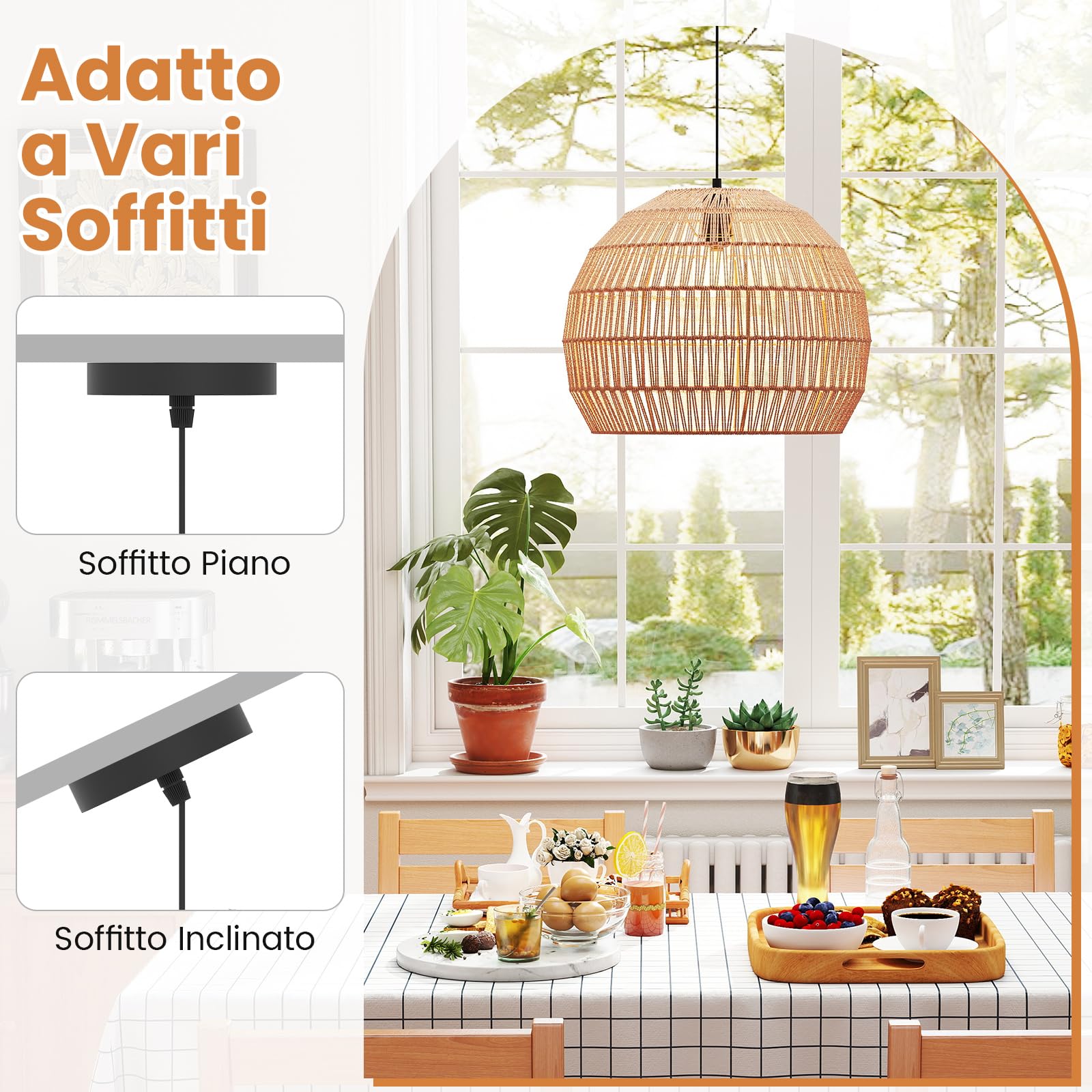 RELAX4LIFE Lampadario a Sospensione, Lampadario Soggiorno con Effetto Rattan Sintetico, Struttura in Metallo, Sile Boho, Lampada da Soffitto per Camera da Letto e Sala da Pranzo (Marrone)