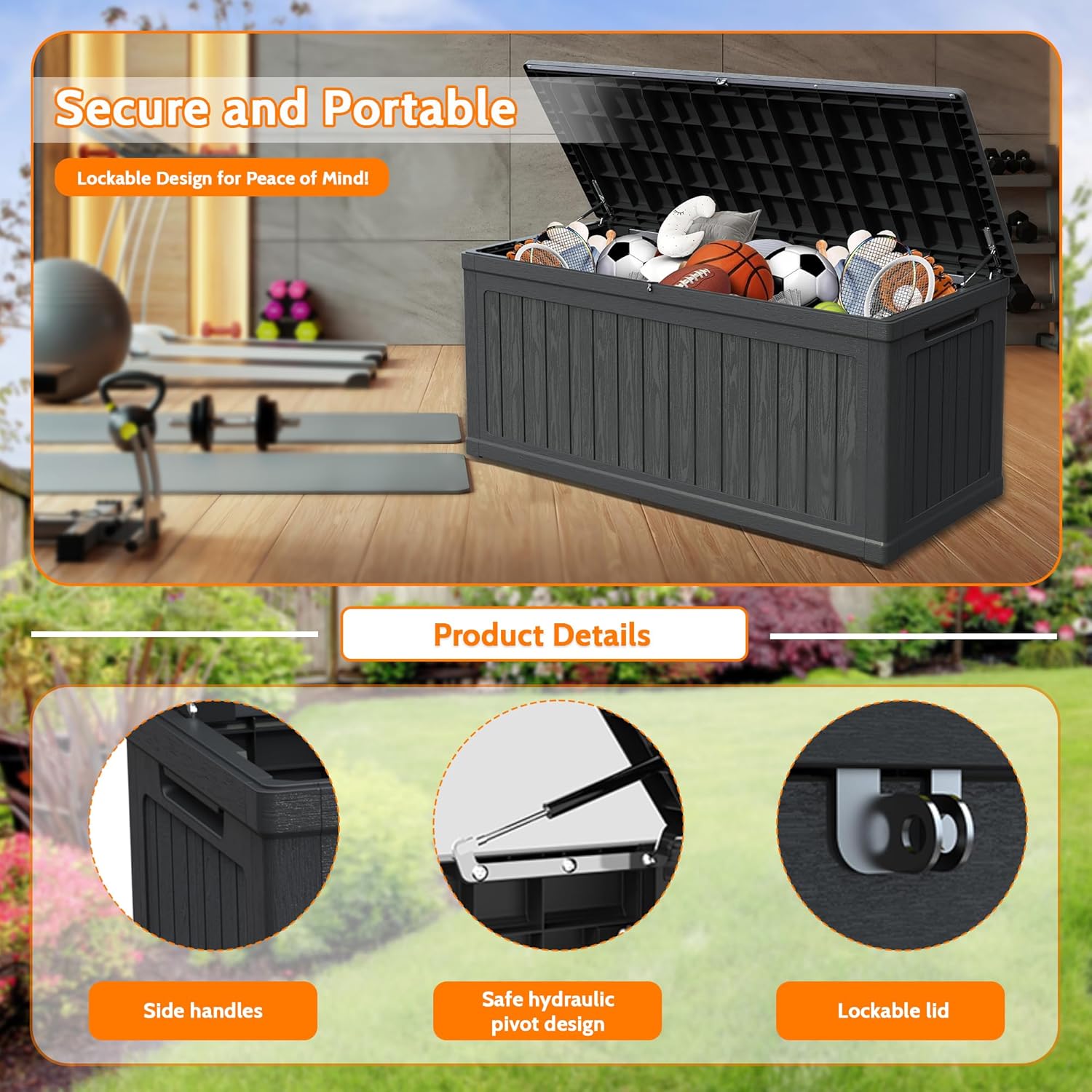320 Gallon Waterproof Outdoor Storage Box, Lockable Deck Boxes With Handle, Indoor and outdoor Resin Storage Box for Garden Tools, Patio Cushions, Package Delivery, Black