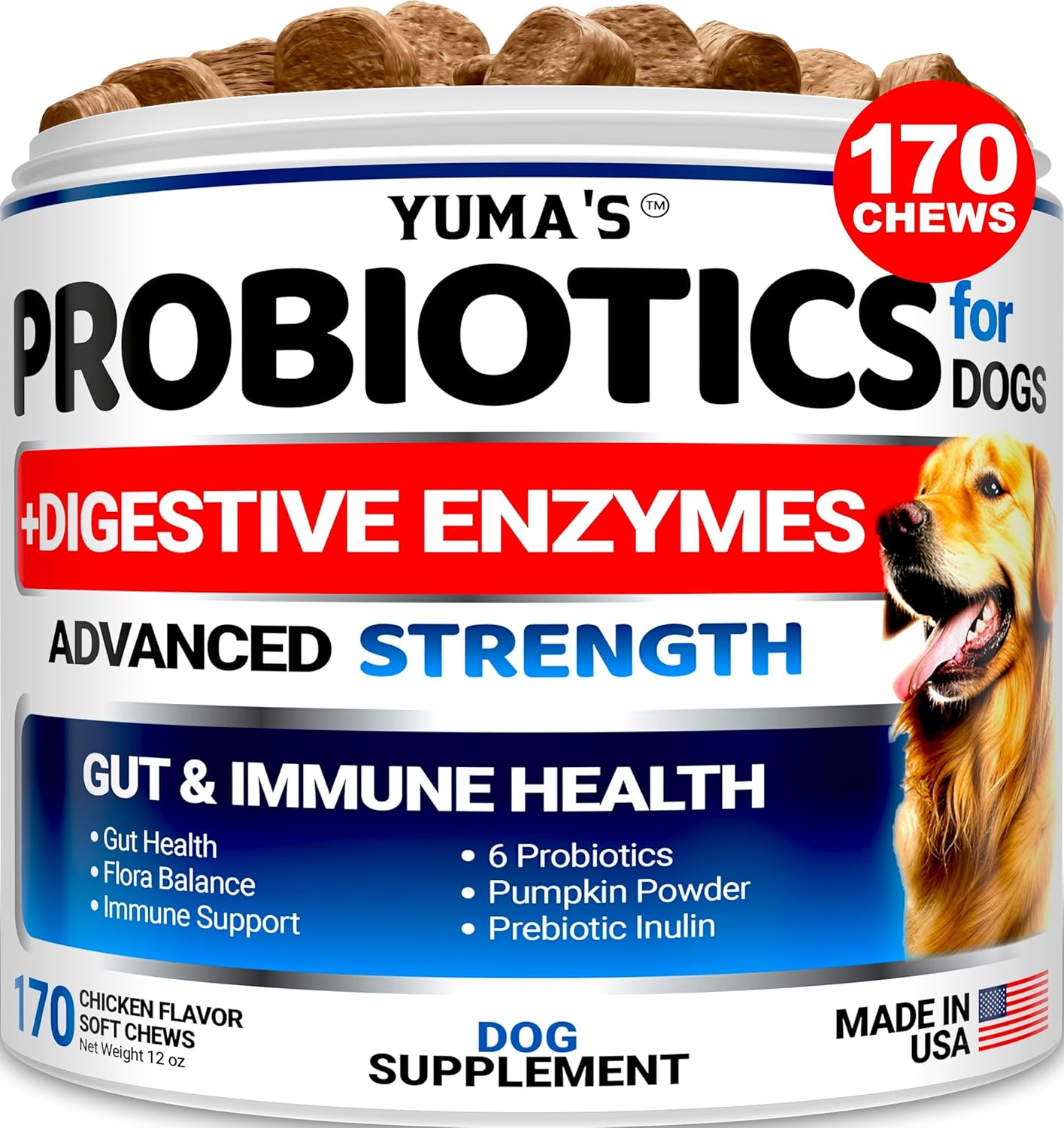 Probiotics for Dogs and Digestive Enzymes - 170 Dog Probiotics Chews - Dog Probiotic - Anti Diarrhea, Upset Stomach & Gas Relief, Constipation, Canine Prebiotic - Pet Fiber...