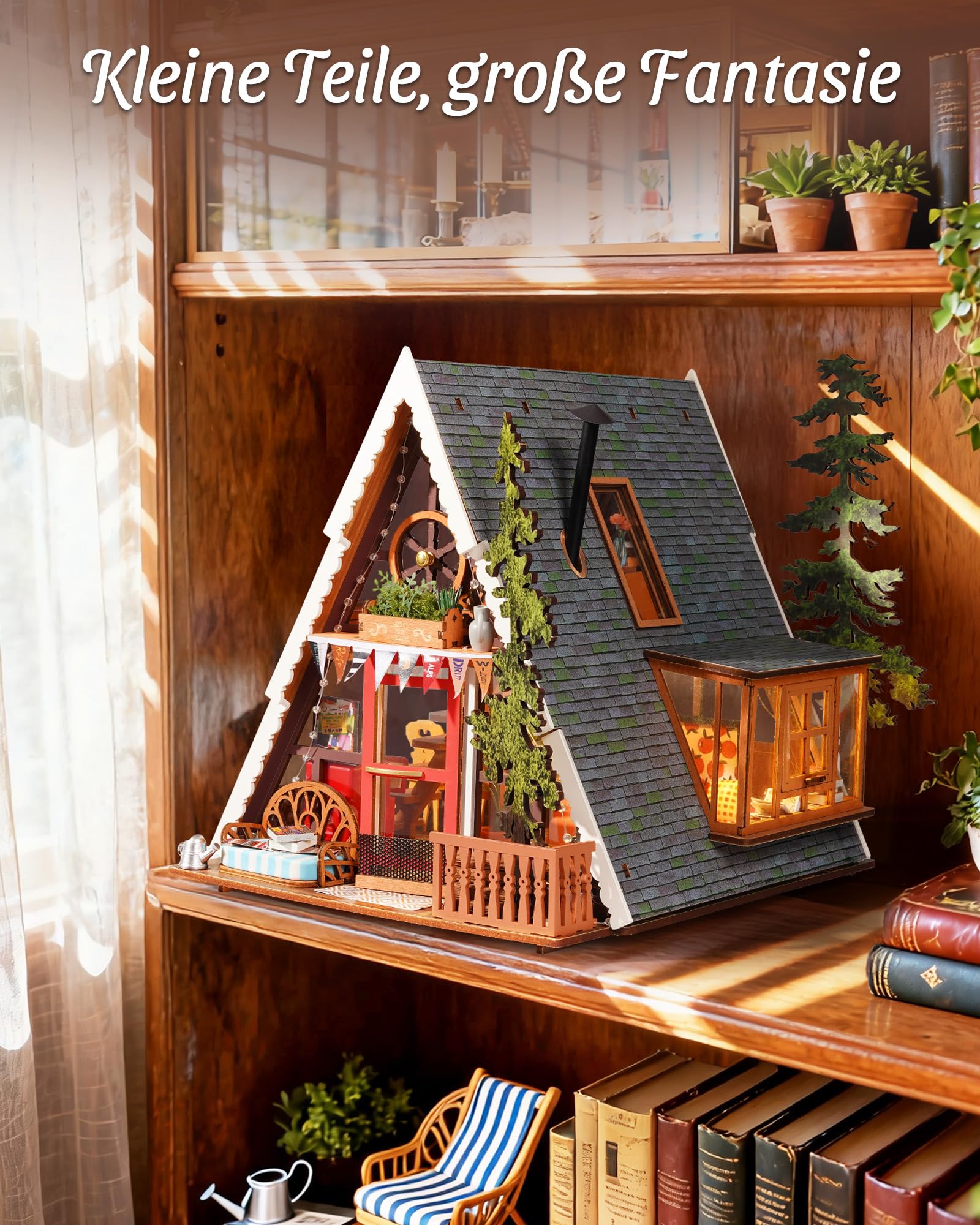 ROBOTIME A-Frame Cabin Miniaturhaus zum Selberbauen für Erwachsene | Mittelstufe, Bausatz mit 336 Teilen, A-Frame-Hütte Holzpuppenhaus, Deko für Schreibtisch und Regal, Geschenk für Bastler