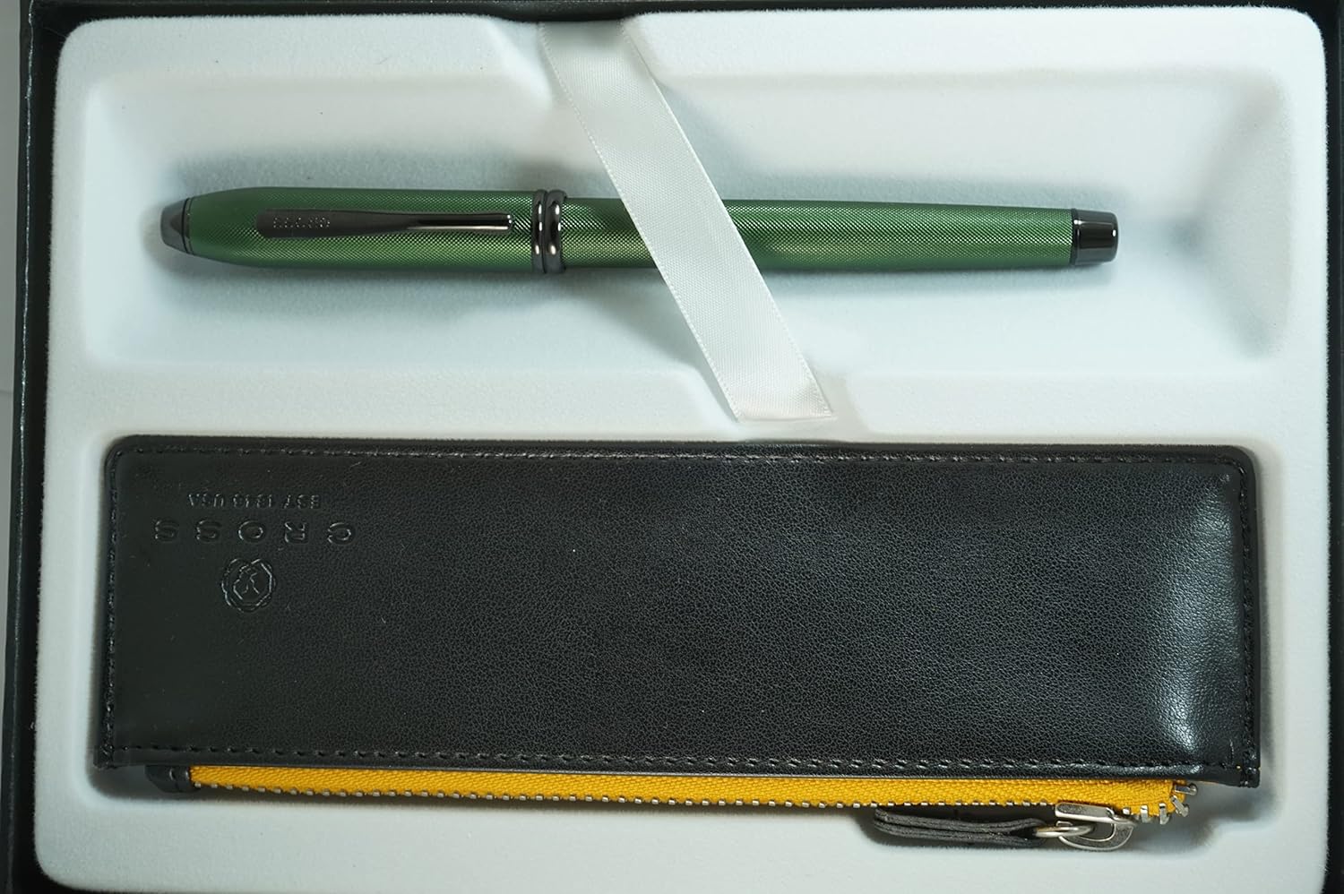 A.T. Cross Townsend Midnight Green Micro Knurled and Sandblasted Matte Black PVD with Matte Black PVD Appointments Selectip Gel Ink Rollerball Pen and Cross Black Pen Pouch Set