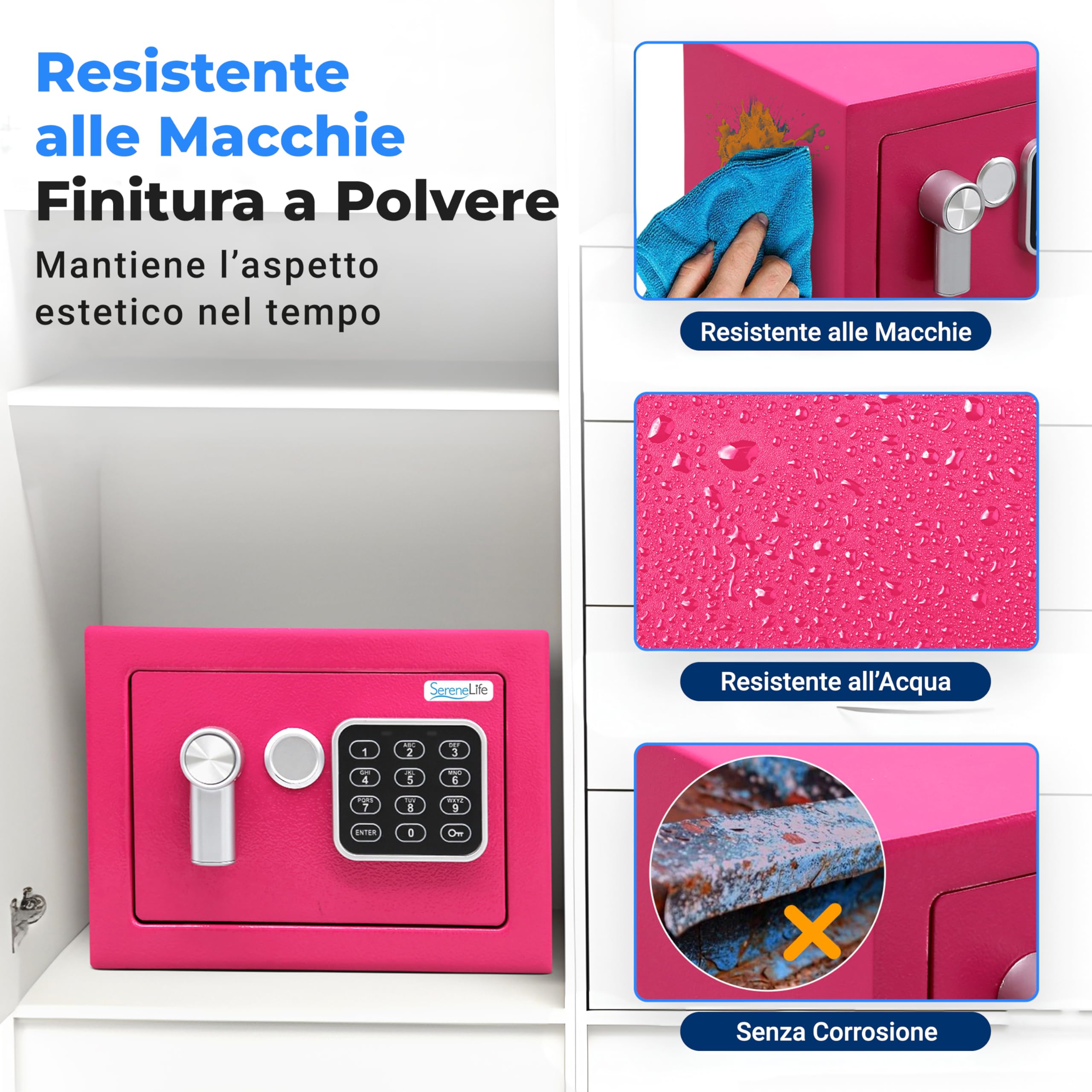 SereneLife Cassaforte, Cassaforte Piccola Elettronica, Cassetta di Sicurezza 23x17x17 cm, Codice Digitale, 2 Chiavi, per Casa, Ufficio, Denaro, Gioielli, Armi, Montabile a Muro, Pavimento, Rosa