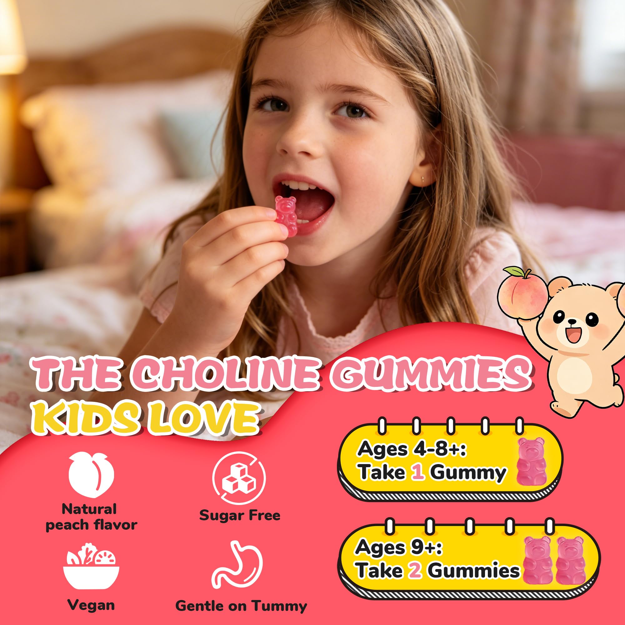 Kids Choline Gummies with Omega 3 (DHA+EPA), Phosphatidylserine for Kids & Teens 4+ with Vitamin D3, B6 & B12 for Brain Health, Focus, Immune Support, Sugar-Free, Vegan, Peach Flavor - 60 Count — Amazon image 6