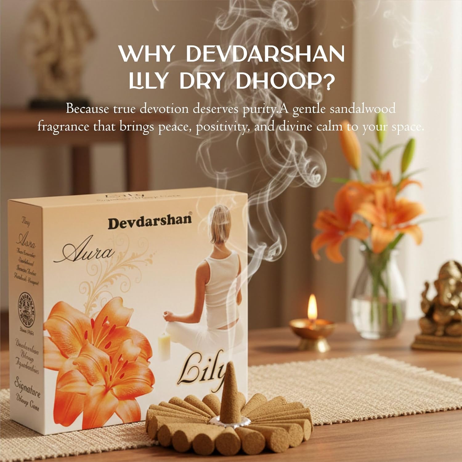 Devdarshan Aura Lily Dry Dhoop Cones – 24 Boxes (40g Each) | Long-Lasting | Natural Fragrance for Pooja | Meditation & Home Ambience | Mood Enhancer | Charcoal-Free & Eco-Friendly Incense Cones