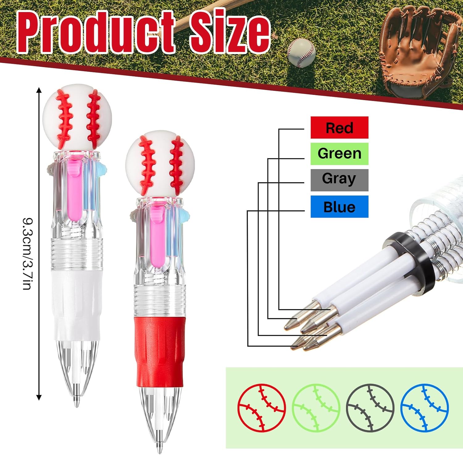 Kosiz 24 Pack Baseball Party Favors Sport Pen Multicolor 4 in 1 0.5mm Ballpoint Pen for Office Sport Lover Novelty Gifts Goodie Bags Stuffers