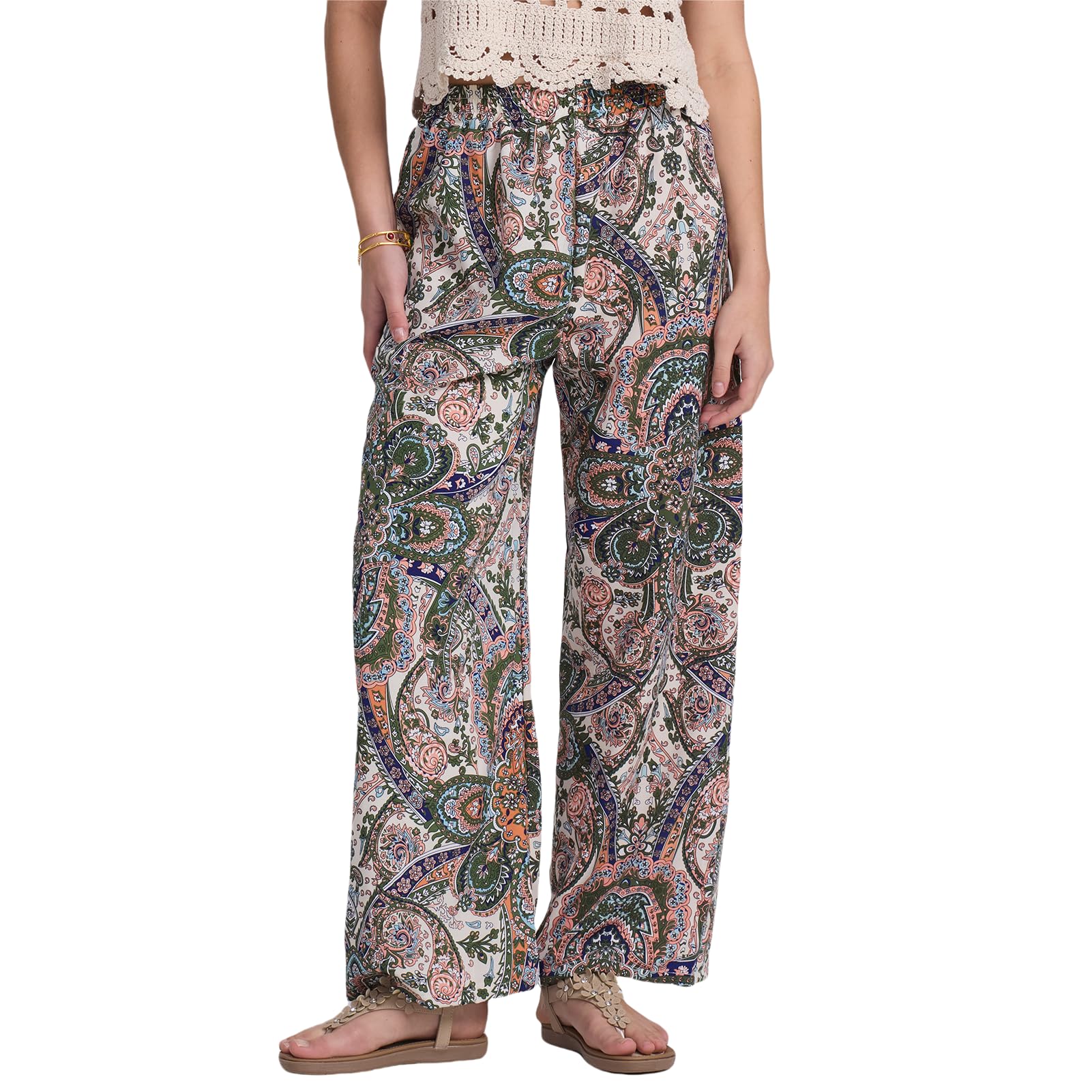 Alexis Leroy Womens Boho Palazzo Pants Summer Wide Leg Beach Trousers with Pockets Lightweight Floral Pattern
