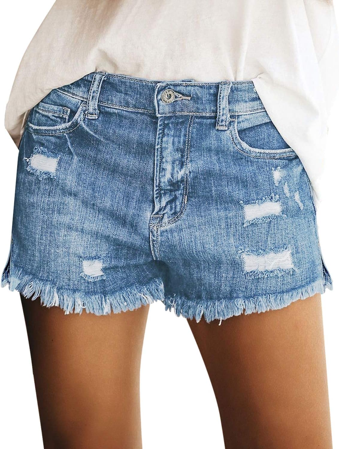 luvamia Jean Shorts Womens Mid Rise Stretchy Cut Off Frayed Denim Shorts Ripped Summer Casual Beach Vacation Clothes