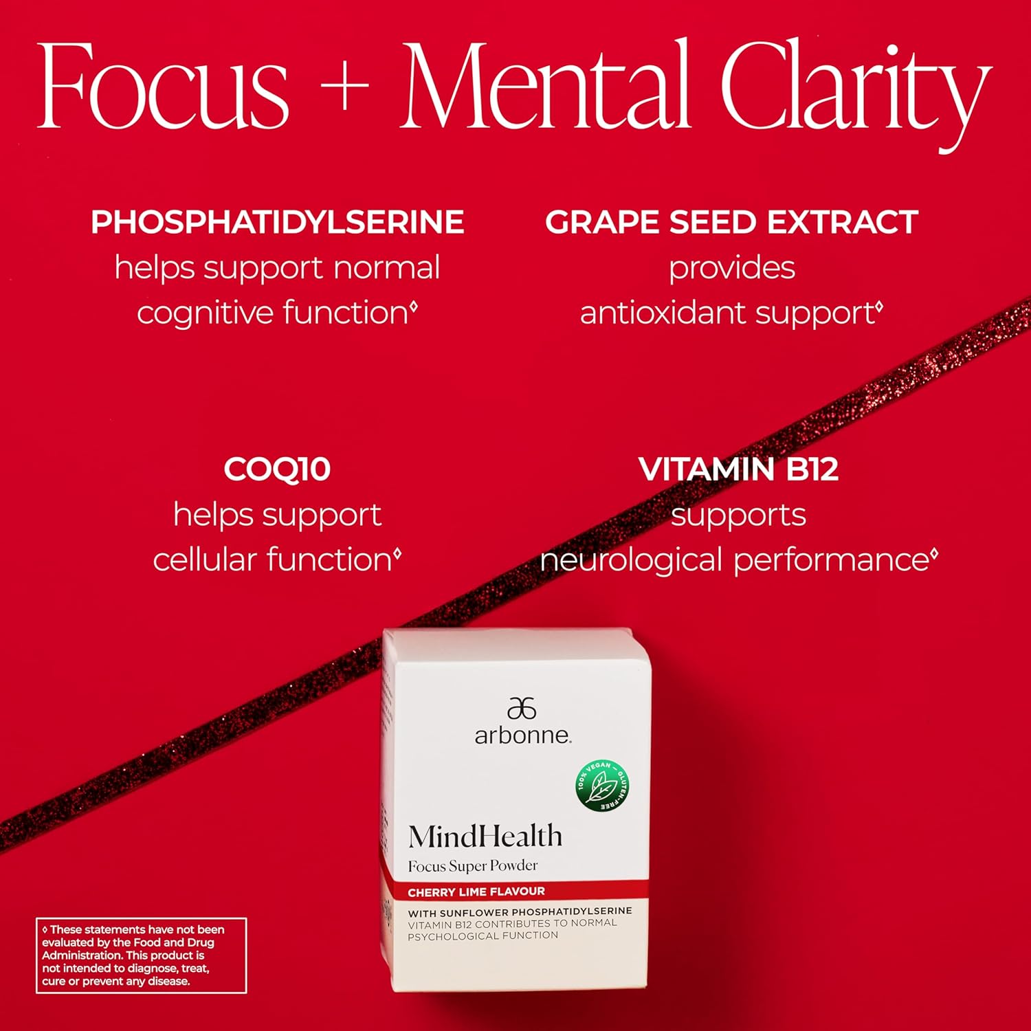 Arbonne MindHealth Focus Super Powder Cherry Lime Flavor – Vegan Cognitive Support Supplement with Phosphatidylserine, Vitamin B12, & Antioxidants for Memory & Focus, 30 Stick Packs