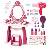 Toddler Vanity Makeup Table Toy with Mirror&Chair,Kids Vanity Set with Light&Music、Pretend Play Makeup Accessories with Hair Dryer Toy,Gift for Girls and Toddlers2 3 4 5 6Years Old