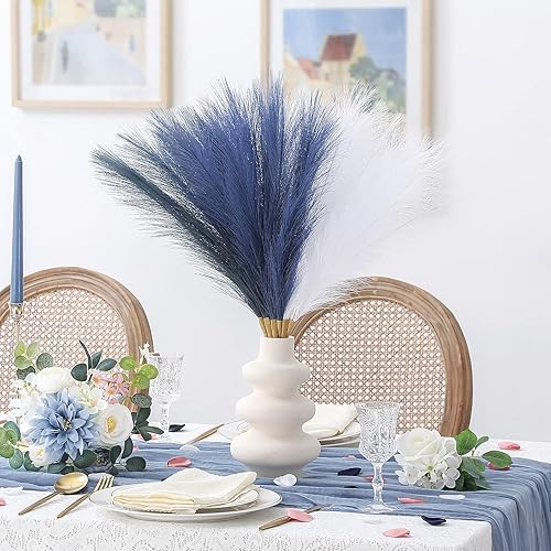 Miniatura 4 de Serwalin Decoración de hierba de las pampas azul, 17 pulgadas, 6 piezas, hierba de las pampas sintética, azul marino y blanco, decoración de boda,