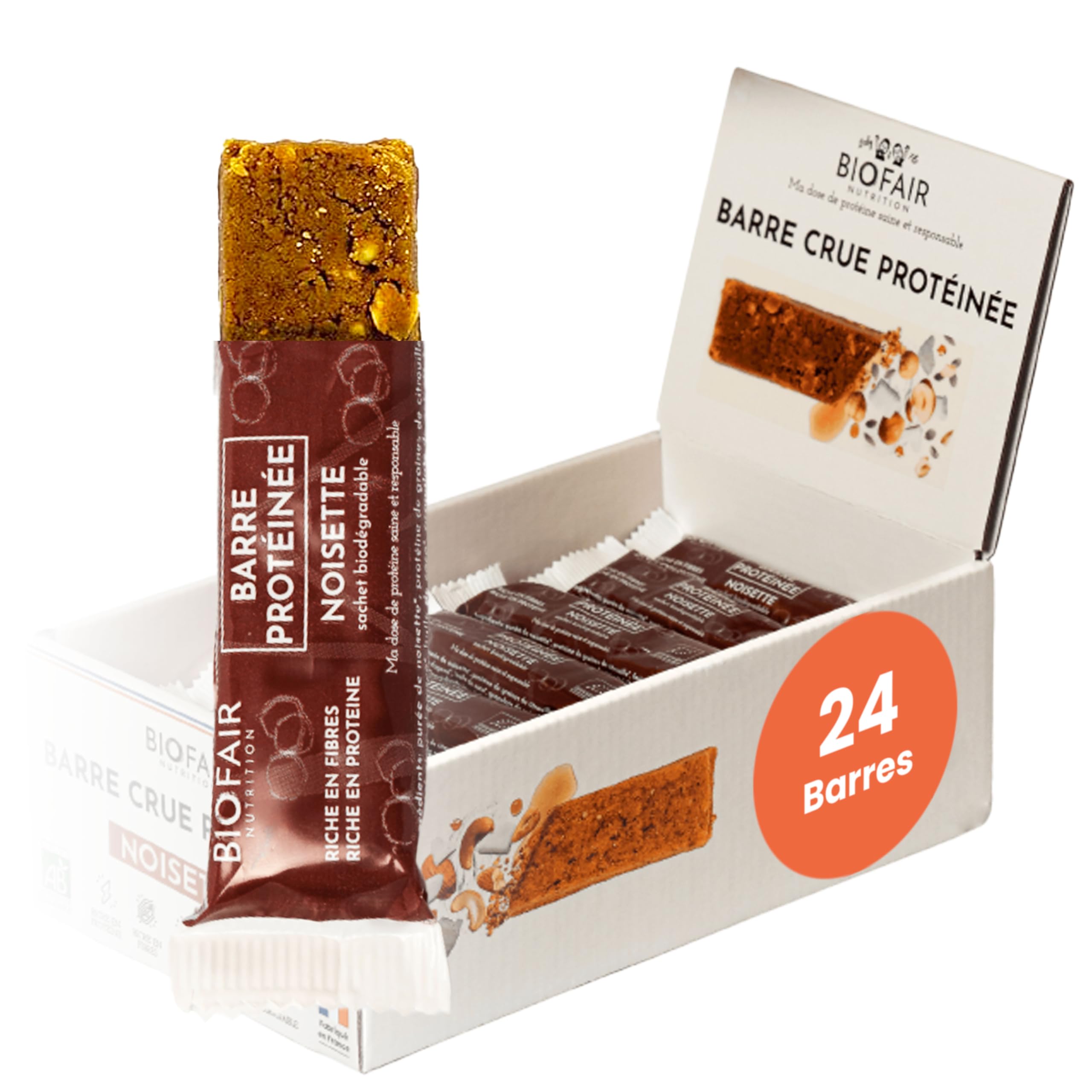 Barre Protéinée Végétale Bio - Saveur Noisette - Lot de 24 Barres Protéinées - Saine, 100% Naturelle et Fabriquée en France