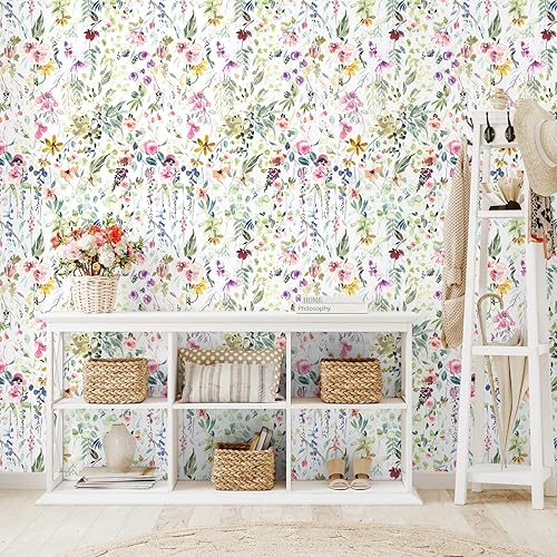 Miniatura 2 de VEELIKE Papel tapiz de flores silvestres de acuarela para despegar y pegar, papel tapiz floral extraíble para dormitorio, baño, guardería, 17.7 x