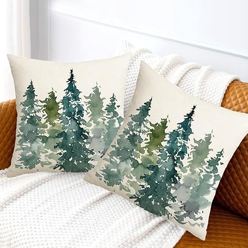 Miniatura 4 de Juego de 2 fundas de almohada de árbol de Navidad verde oscuro de 18 x 18 pulgadas, diseño de acuarela de bosque natural, para exteriores, invierno,