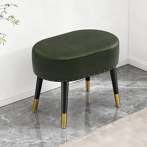 Taburete de tocador para maquillaje, reposapiés ovalado de piel sintética, banco otomano con remaches vintage con patas de metal, taburete de
