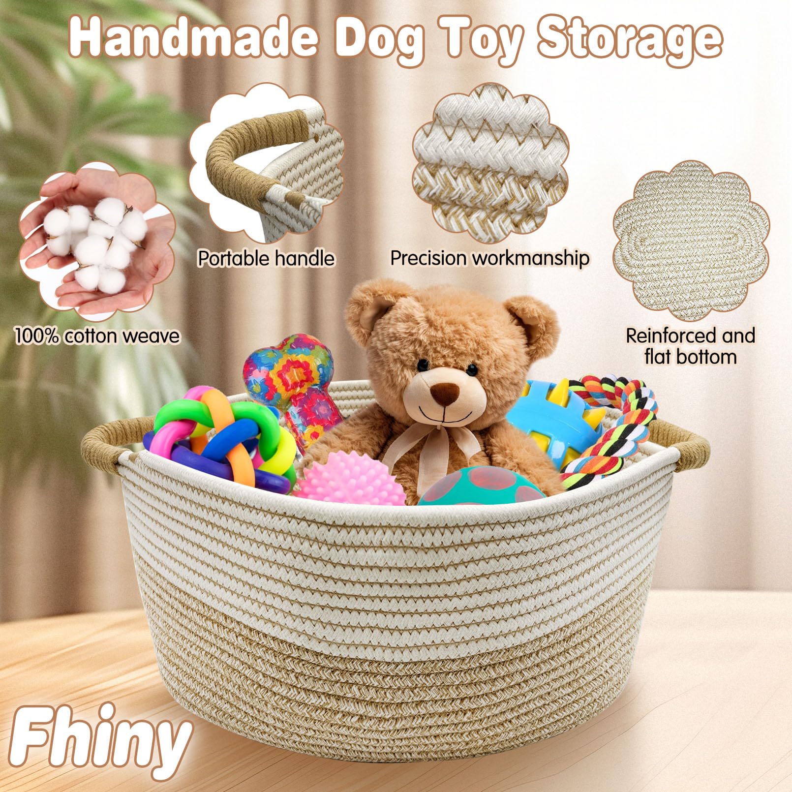 Fhiny Cotton Rope Dog Toy Basket, Puppy Toys Storage Bin with Handle Woven Rectangle Diapers Large Pet Kitty Bed Perfect for Carry Pet Blankets Chew Toys Leashes Doggie Stuff Khaki-M