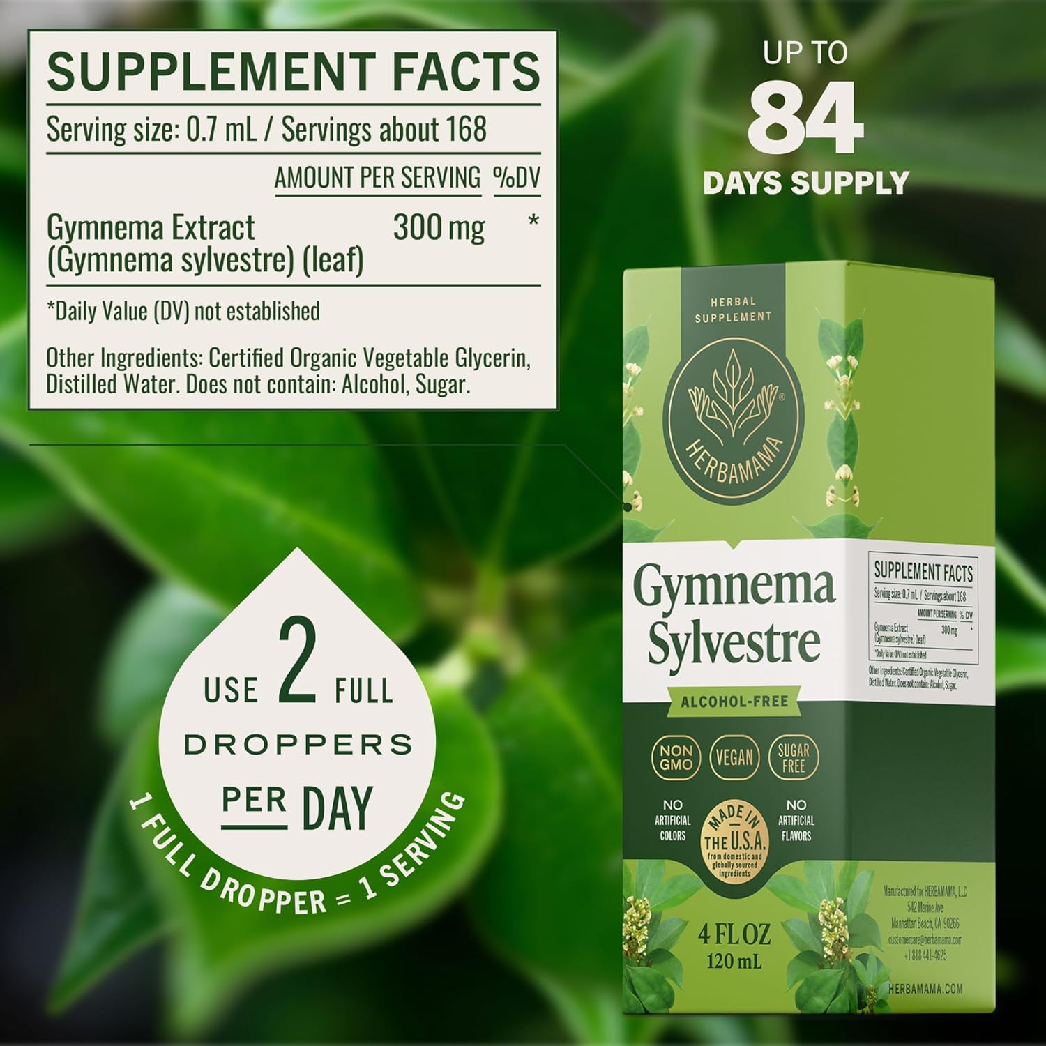 HERBAMAMA Gymnema Sylvestre Drops - Vegan Antioxidant & Overall Support with Gymnema Leaf Extract Tincture - Non-GMO, Alcohol & Sugar-Free Liquid Gurmar Supplement, 84-Day Supply - Image 3