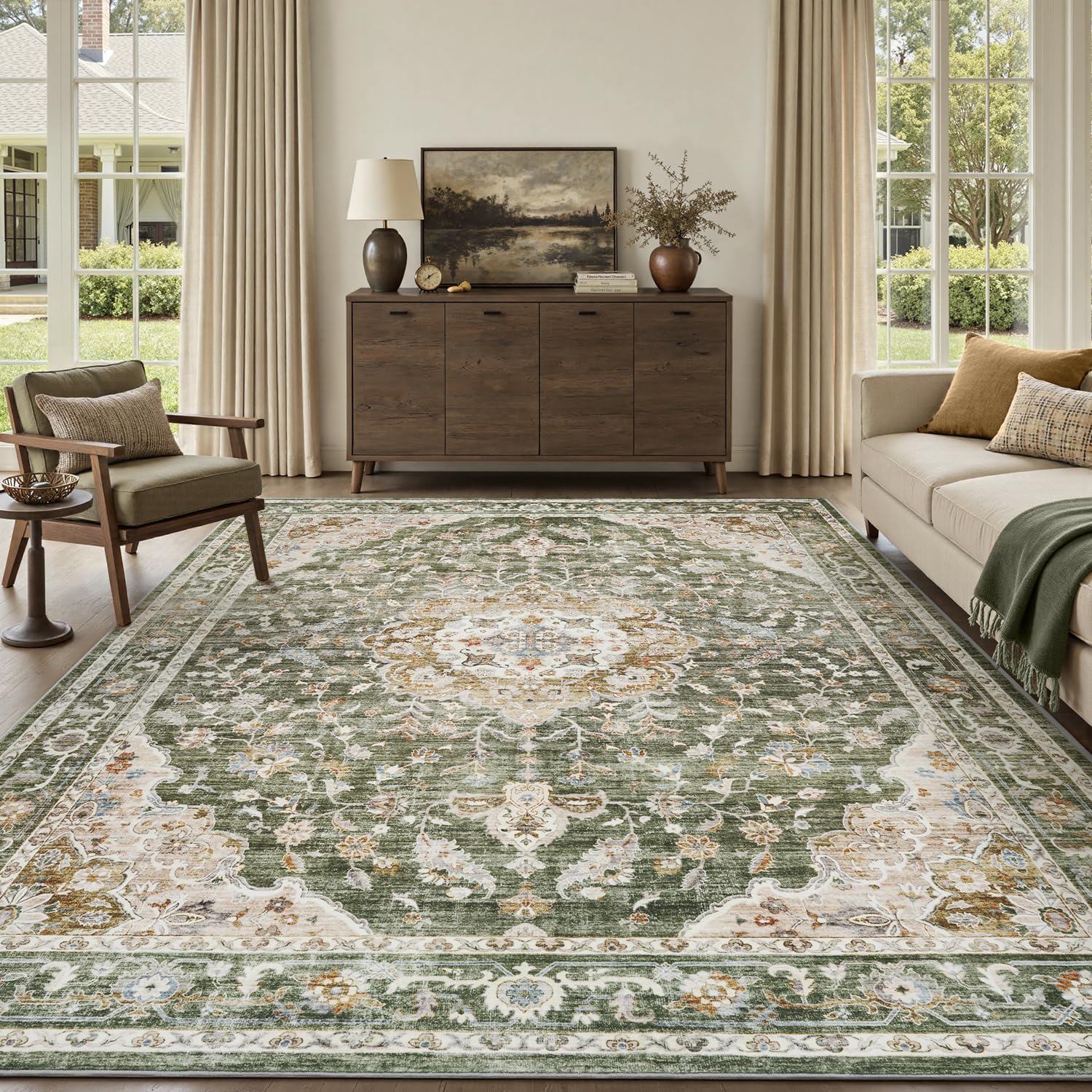 Resare 5x7 Area Rug, Washable Rugs for Living Room, Olive Green Rug for Bedroom Non Slip Vintage Floral Carpet for Dining Room Playroom Office