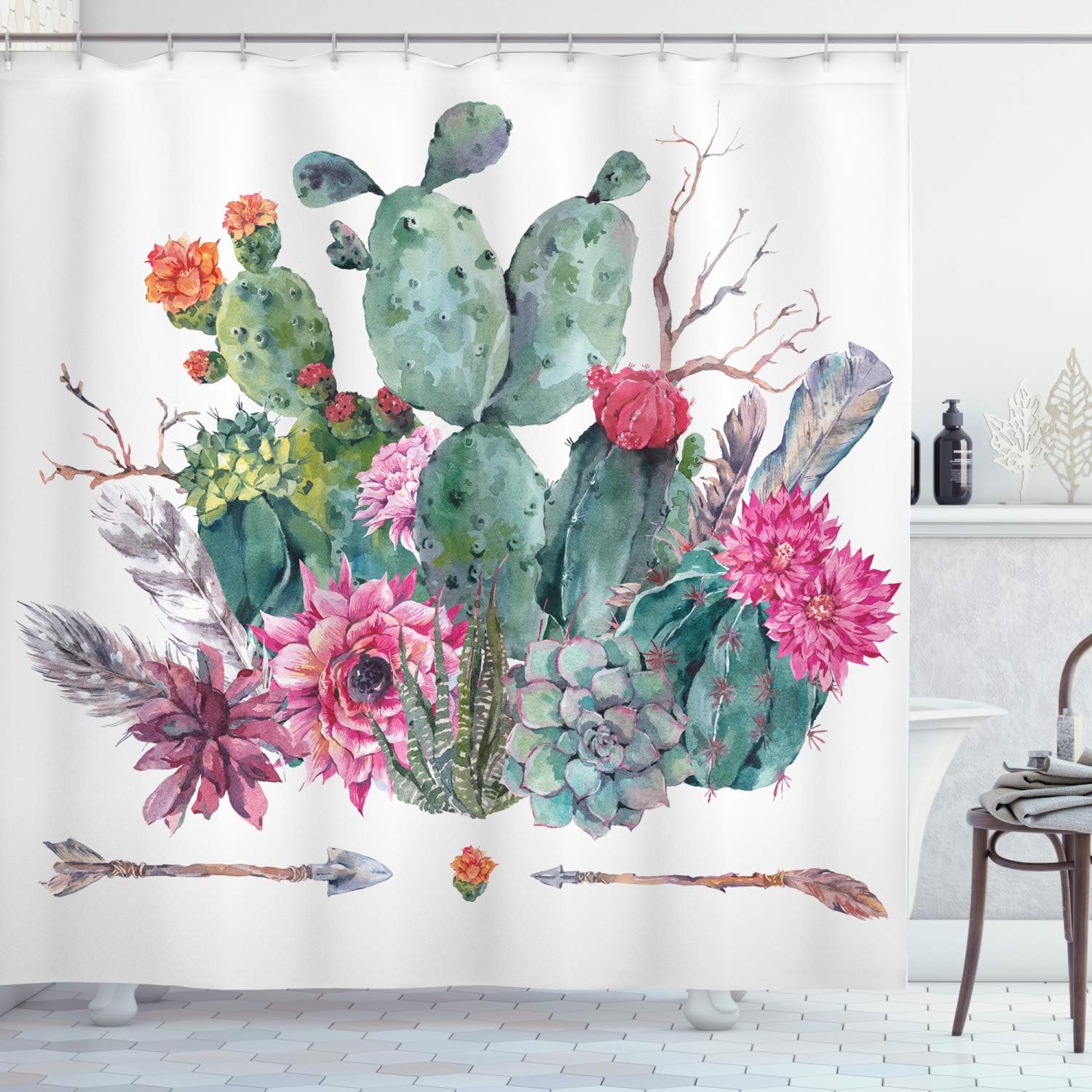 Ambesonne Cactus Shower Curtain, Exotic Natural Watercolor Bouquet in Boho Style Succulent Flowers Feather and Arrows, Cloth Fabric Bathroom Decor Set with Hooks, 69" W x 84" L, Multicolor