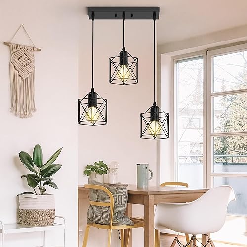 Miniatura 8 de Iluminación Colgante de 3 Luces, Luminaria Colgante Estilo Granja para Isla de Cocina y Comedor, Lámpara de Techo Industrial Vintage con Base E26,