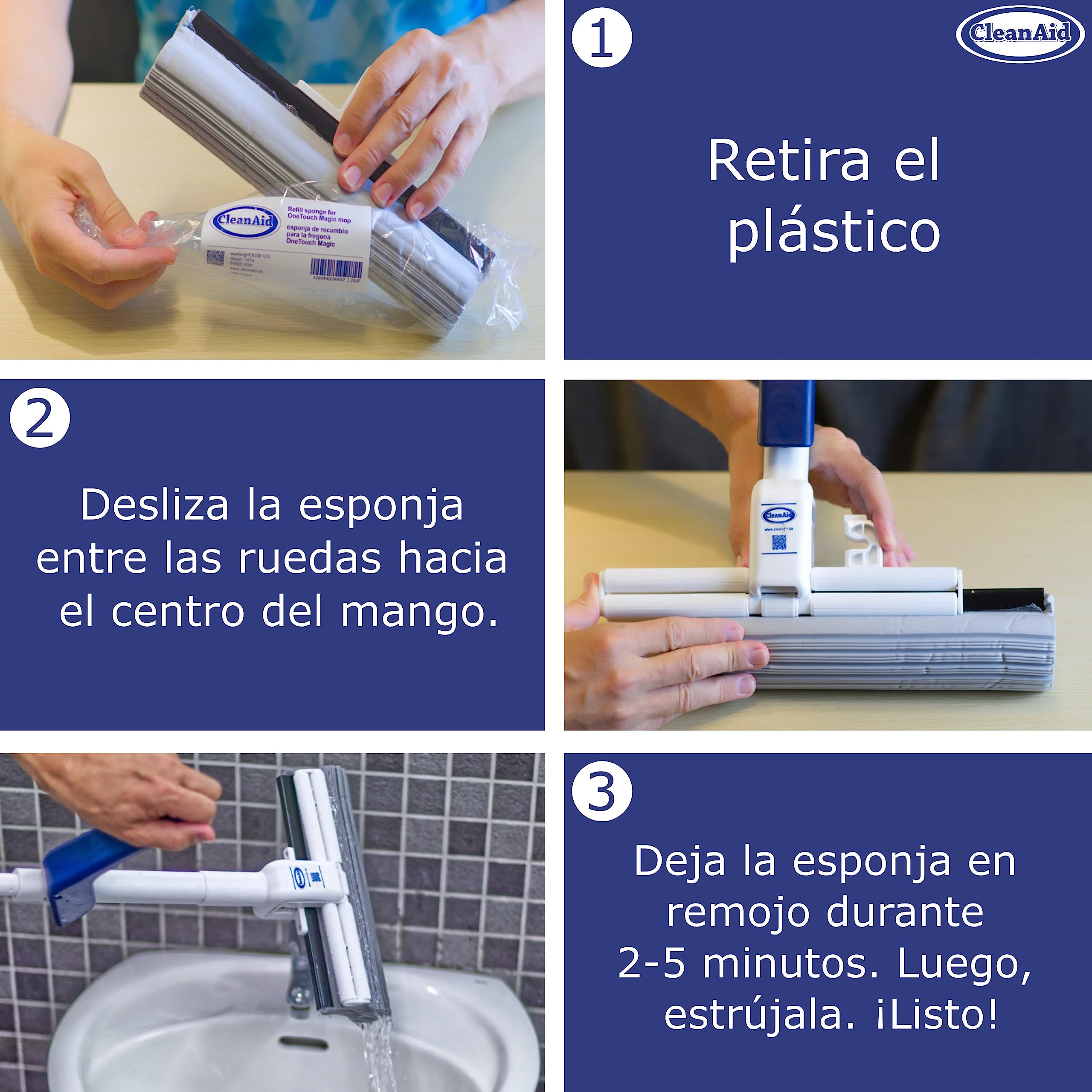 Escoba fregona OneTouch Magic de CleanAid – Esponja PVA Ultra Absorbente Permite Limpiar los Suelos sin mojarse y ensuciarse Las Manos Ideal para Todas Las Superficies Lisas