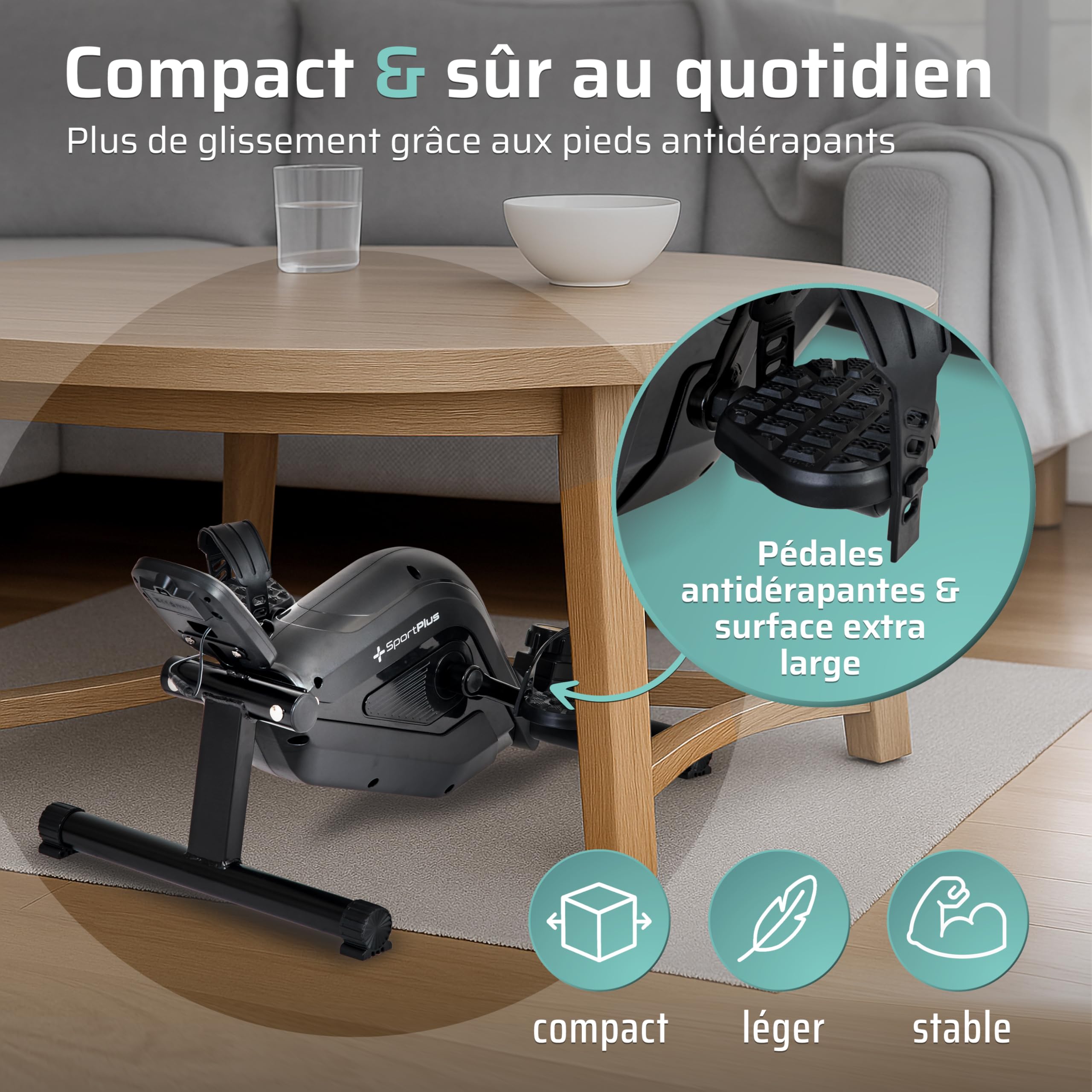Sportplus vélo d'appartement & de Bureau, Mini vélo d'appartement, avec Frein magnétique & 8 Niveaux de résistance, avec Ordinateur d'entraînement, pédales Extra Larges