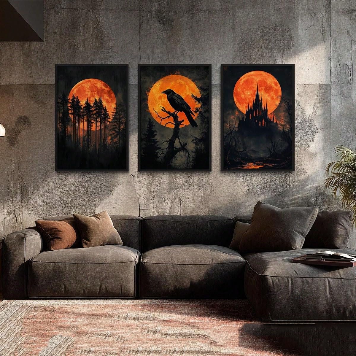 Cuadro decorativo de Halloween de 3 piezas: Cuervo en un árbol, decoración gótica de castillo embrujado (70x90cm x 3/con marco)